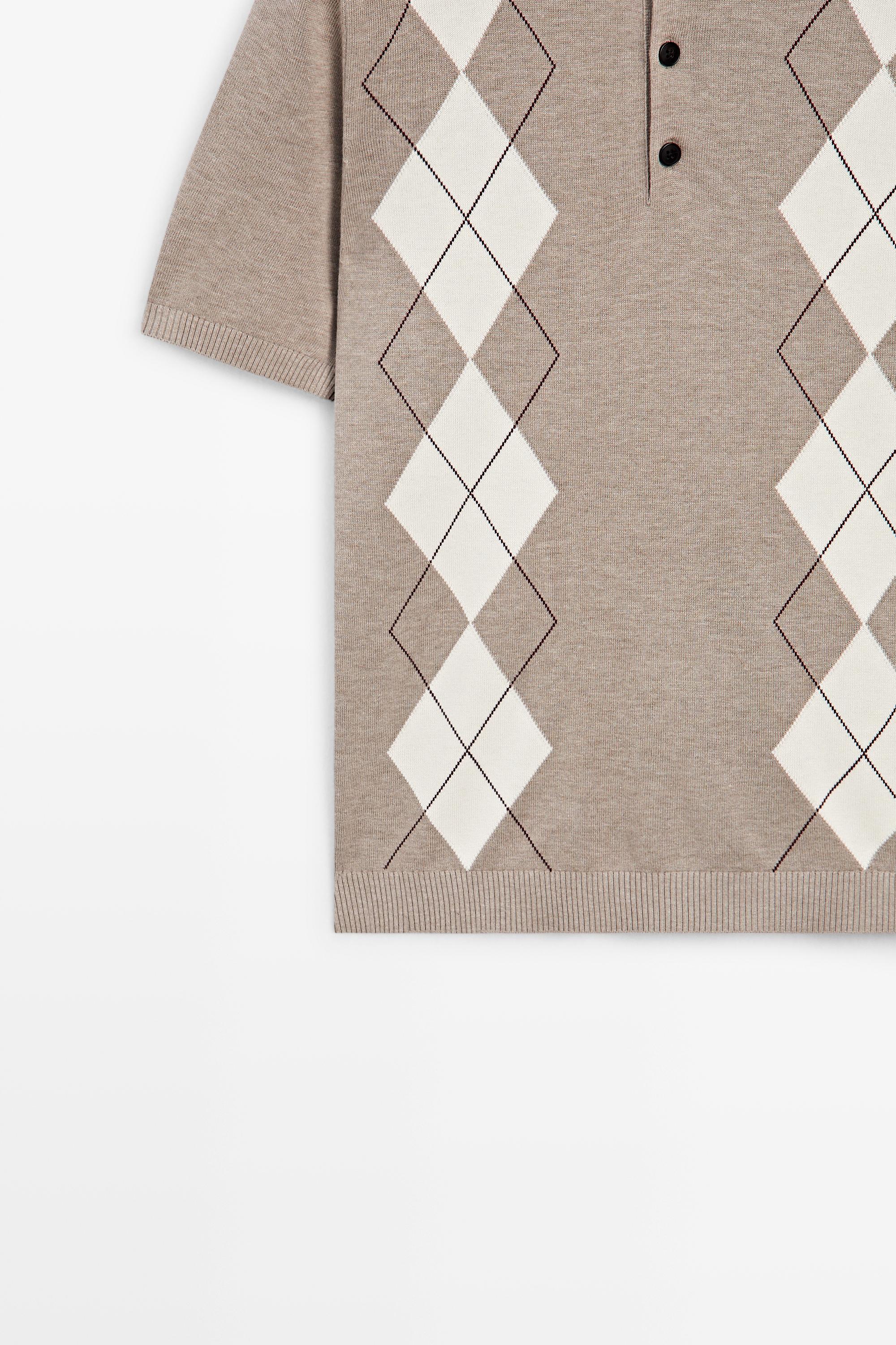 Cotton blend diamond pattern short sleeve polo shirt — BEIGE MARL