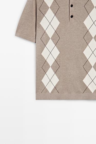 Cotton blend diamond pattern short sleeve polo shirt — BEIGE MARL 7