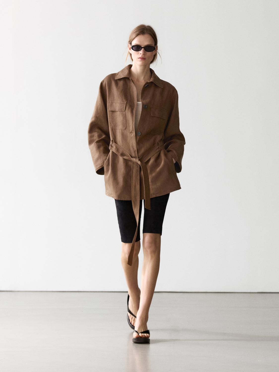 100% linen blazer with pockets and belt detail — BROWN