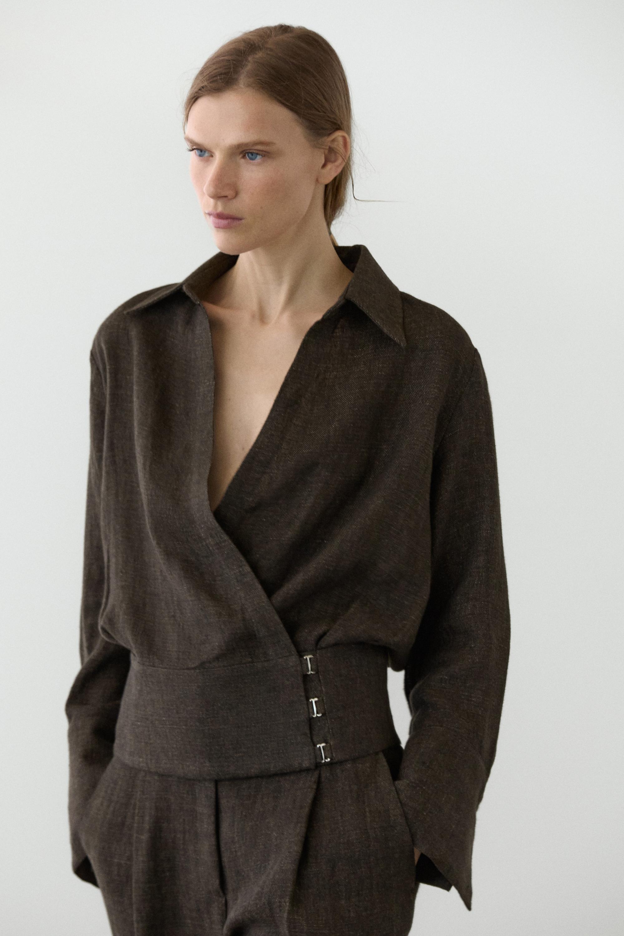 Total look melange linen overshirt — MOLE BROWN