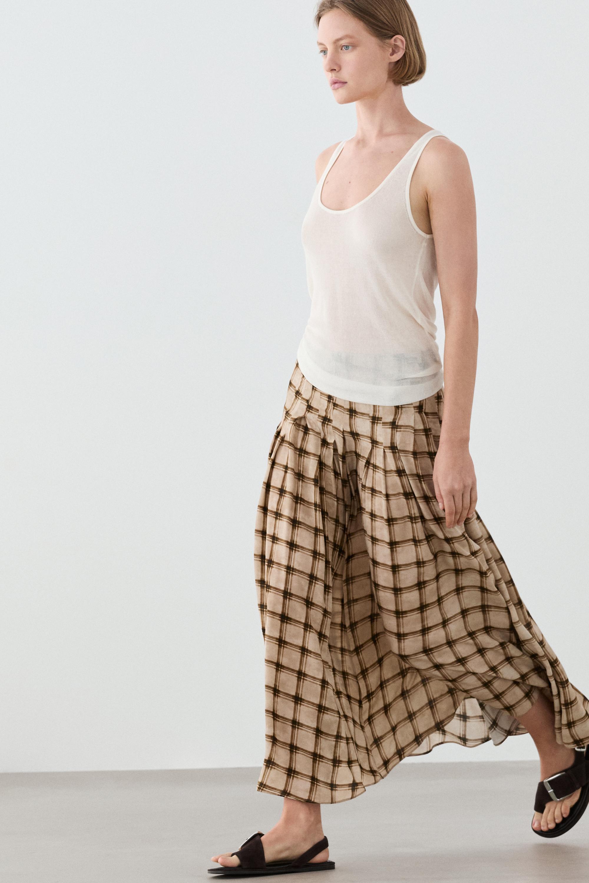 Flowing check midi skirt co-ord — PALE MINK