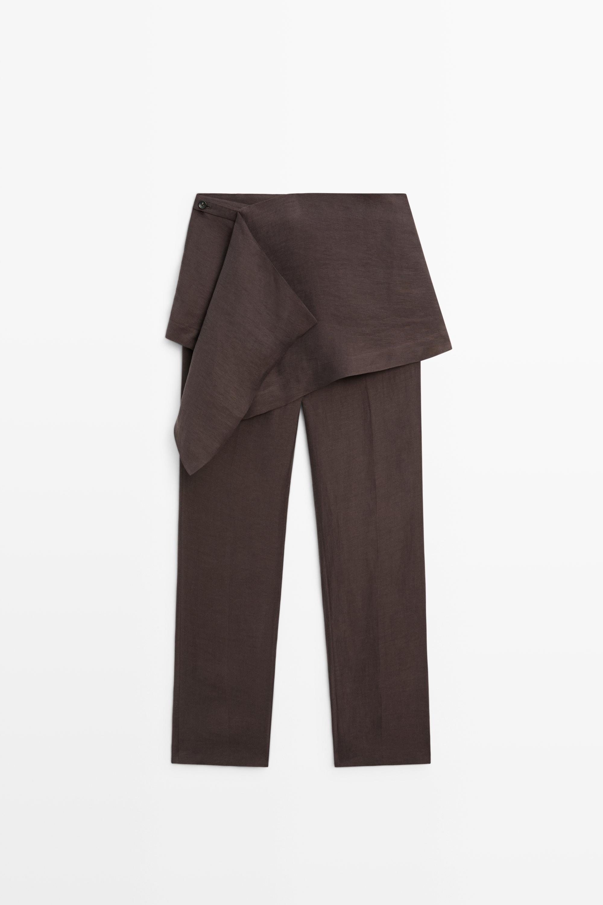 Pants with skirt detail and linen — Chocolate
