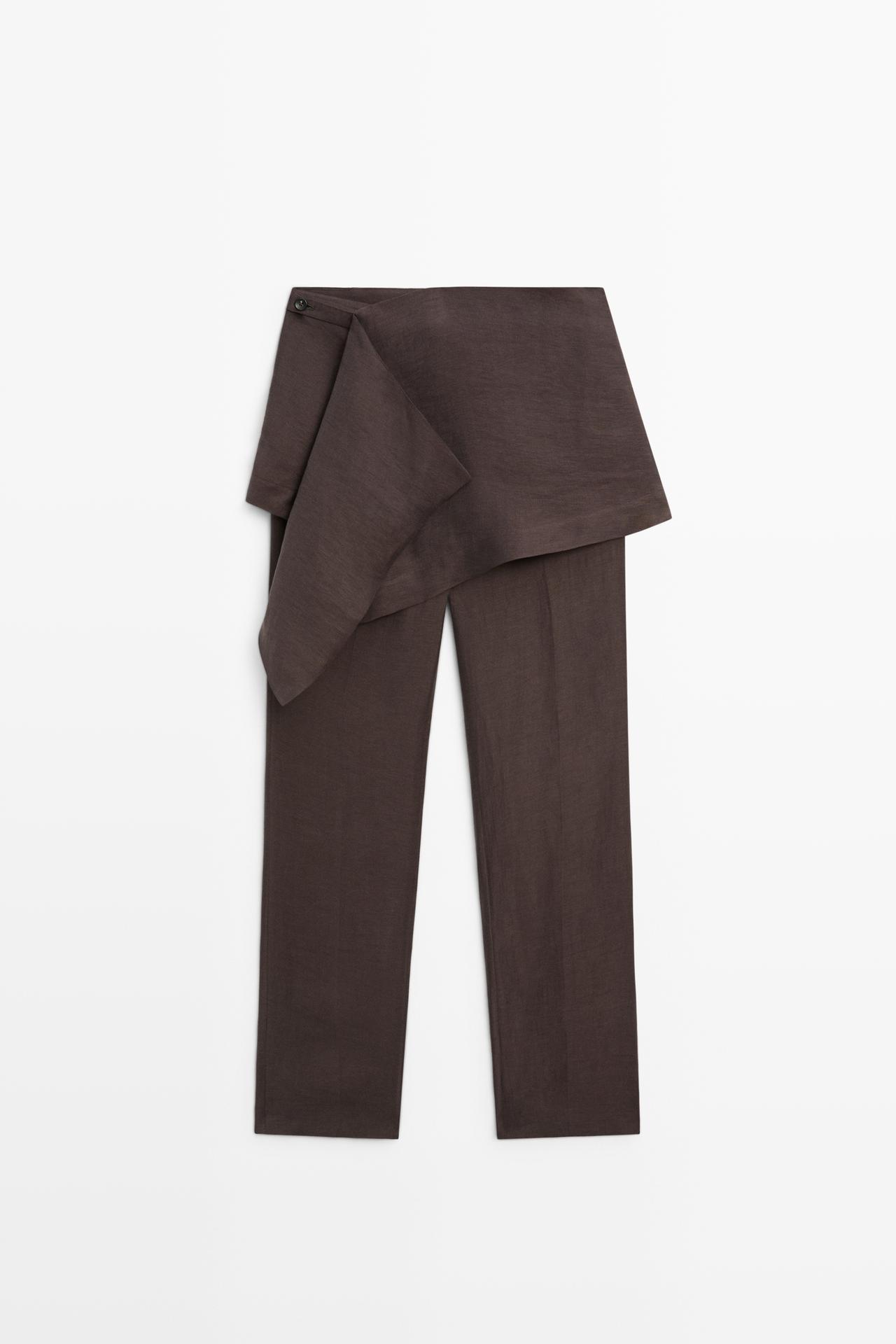 Pants with skirt detail and linen — Chocolate