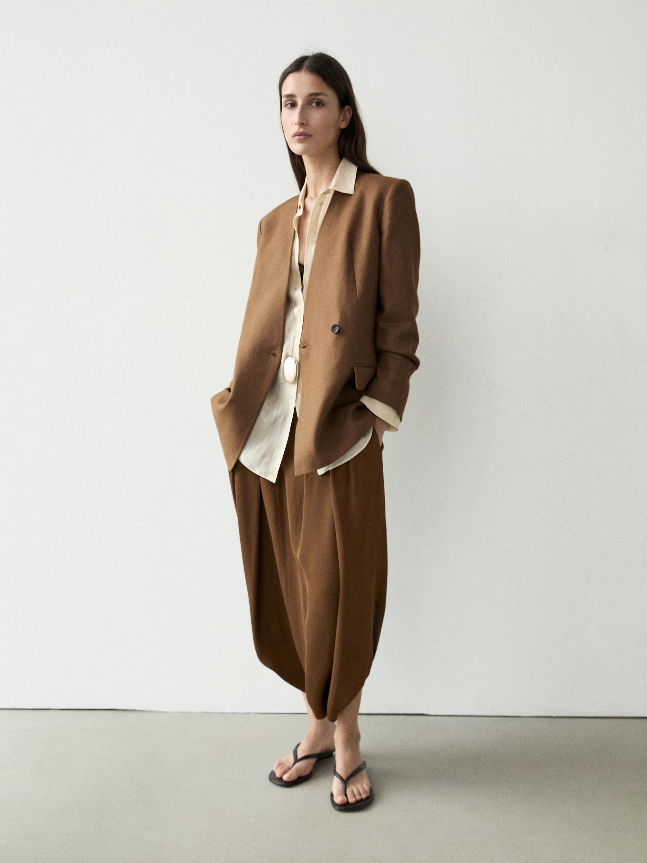 100% linen lapelless double-breasted blazer — CAMEL