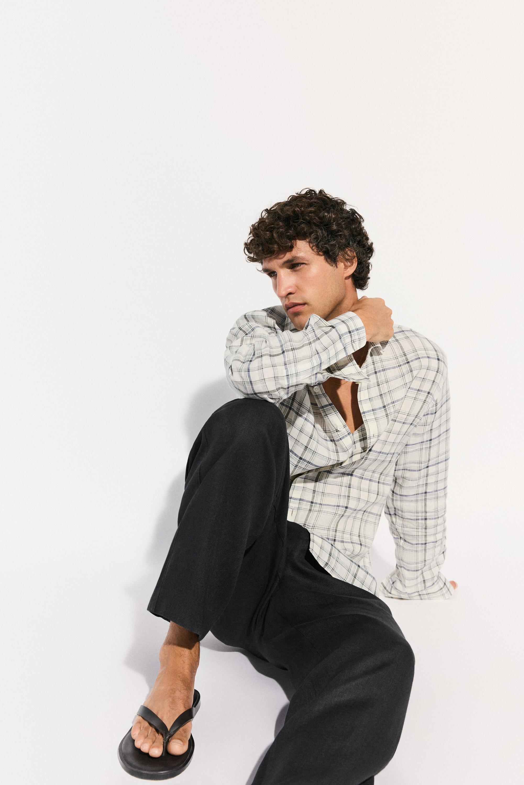 100% linen check shirt — CREAM