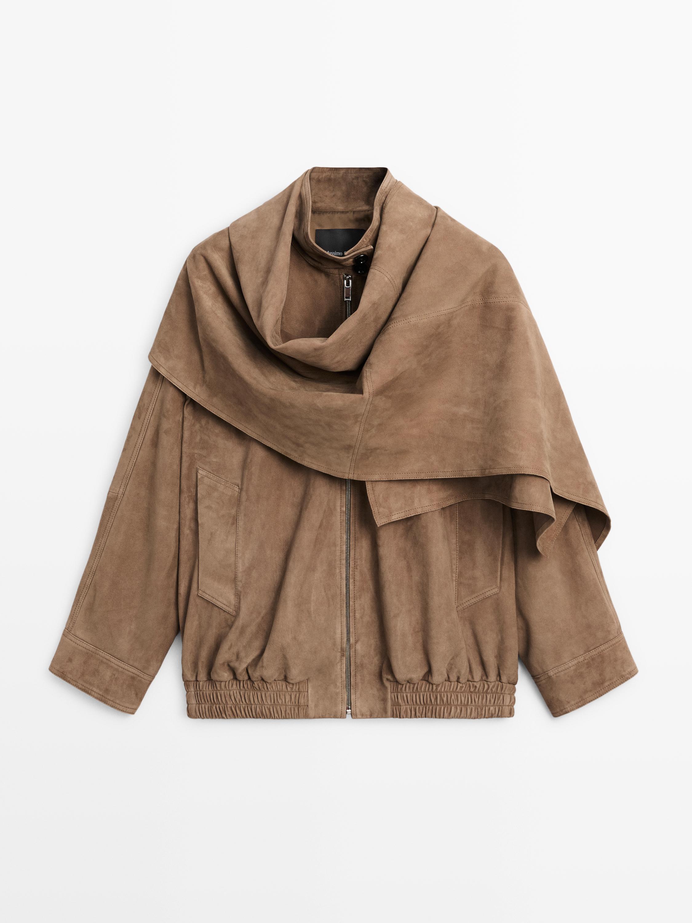 Suede leather bomber jacket with scarf detail
