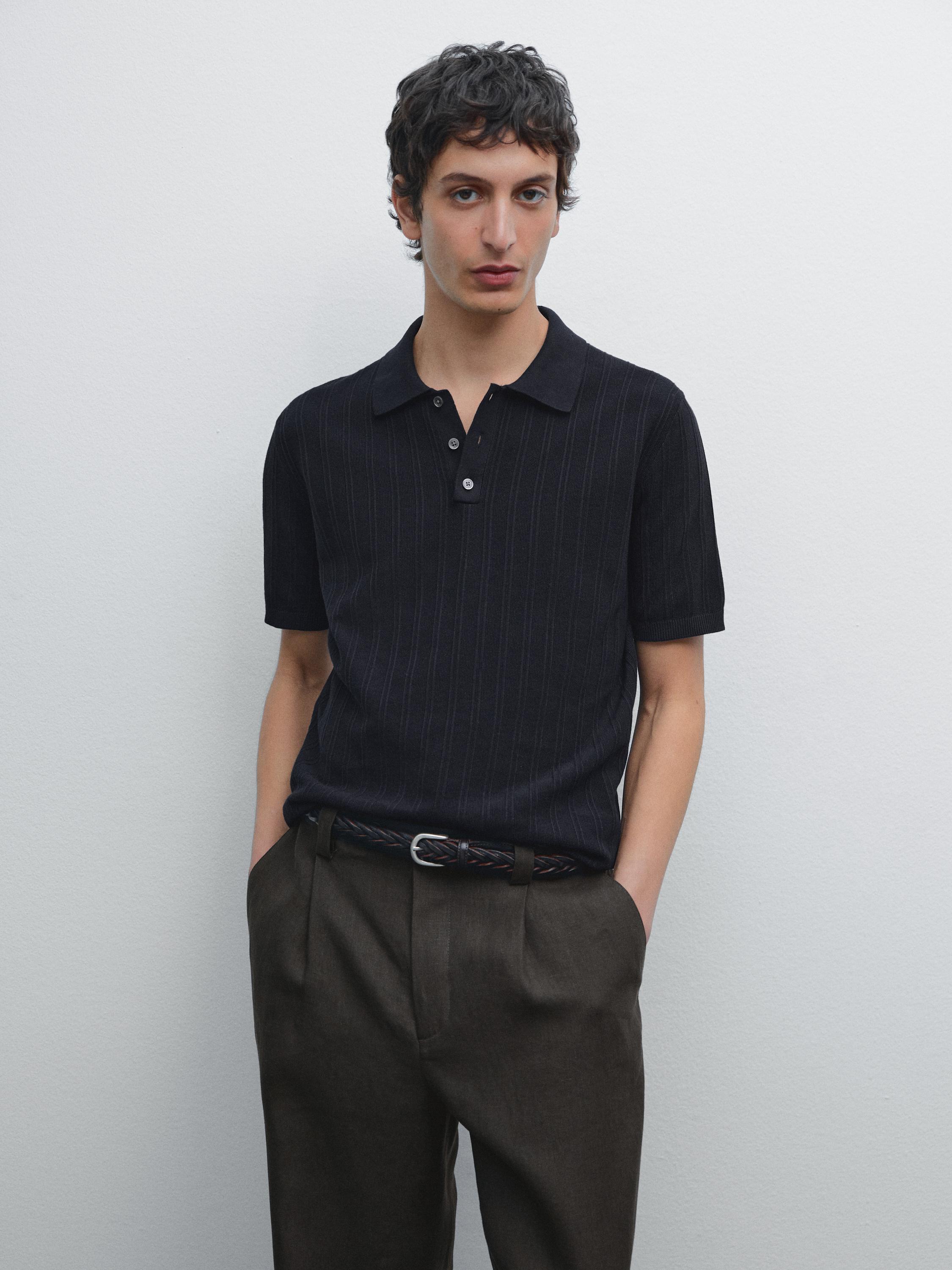 Textured cotton knit polo shirt