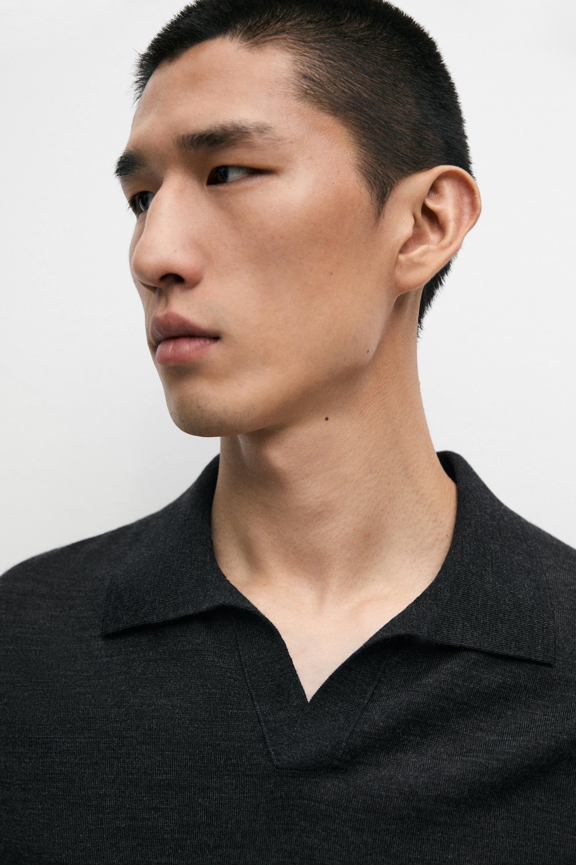 Short sleeve wool blend knit polo shirt — CHARCOAL