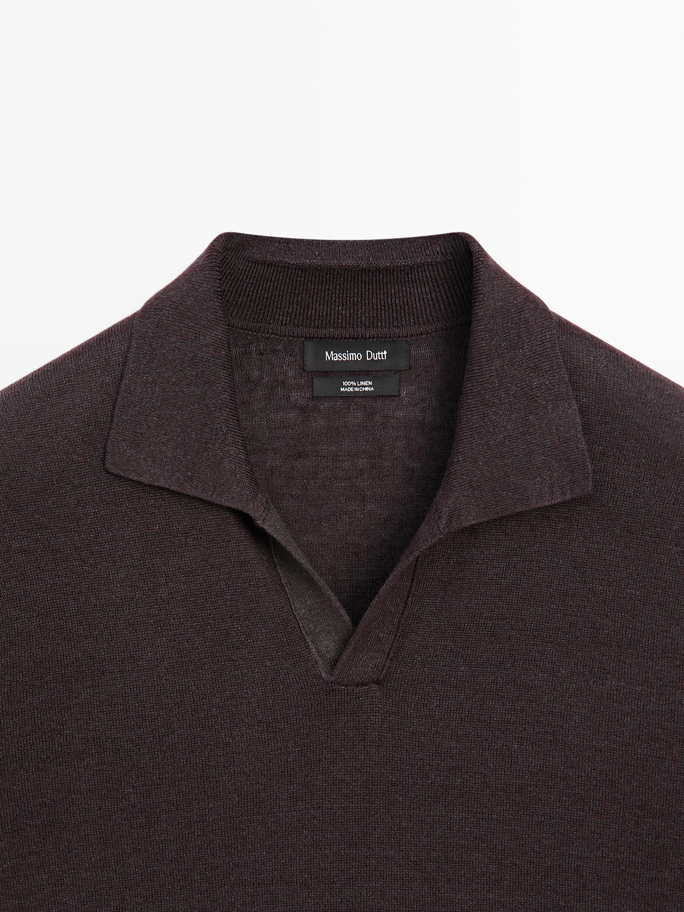 Linen V-neck polo sweater — BURGUNDY