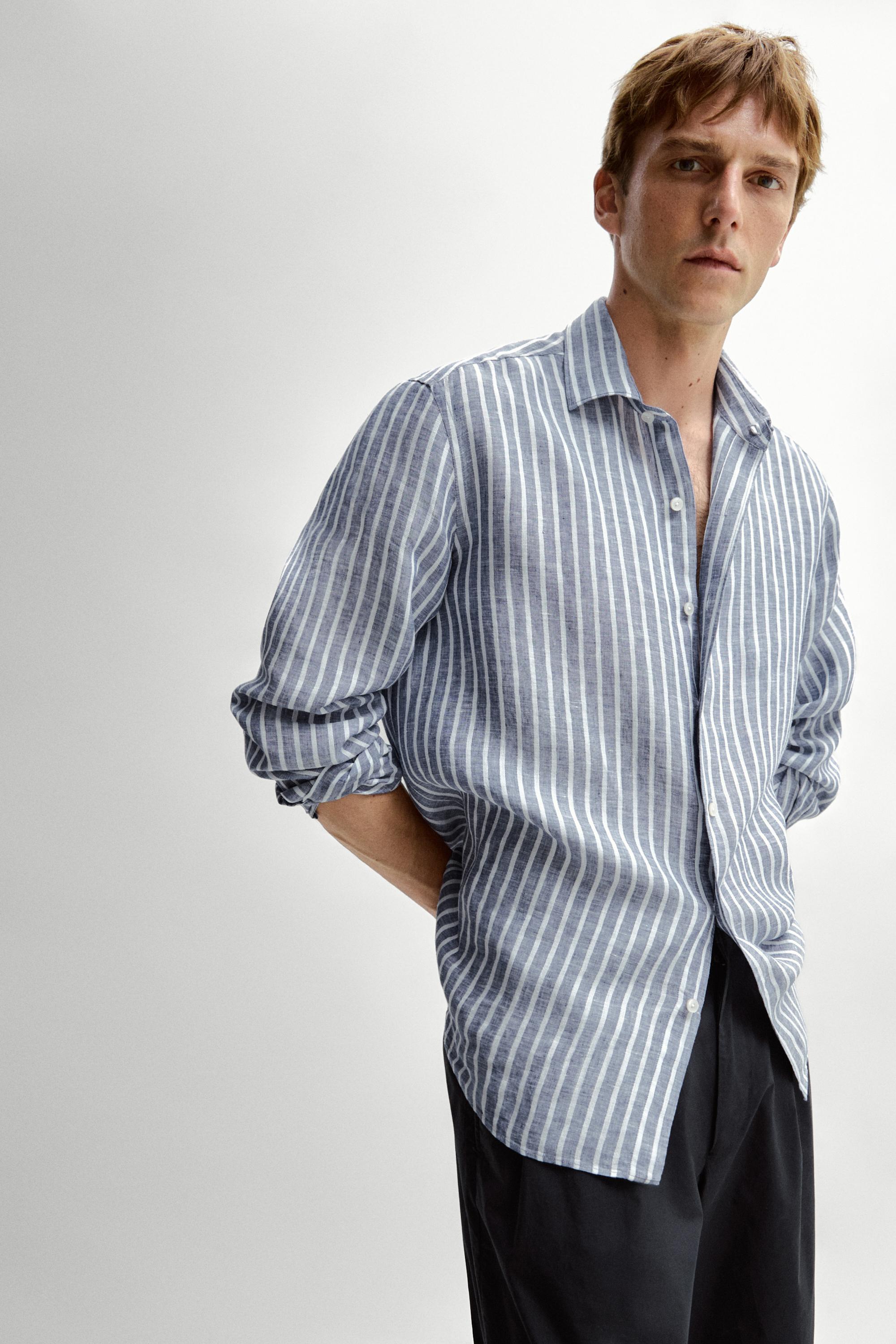 Regular fit striped 100% linen shirt — BLUE