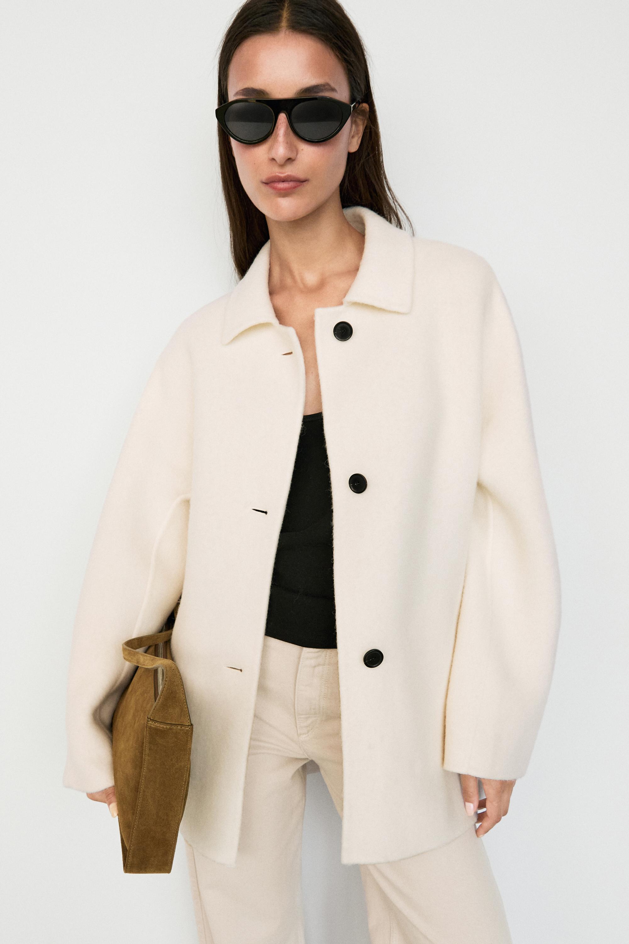 Medium single-breasted wool blend coat — Off white