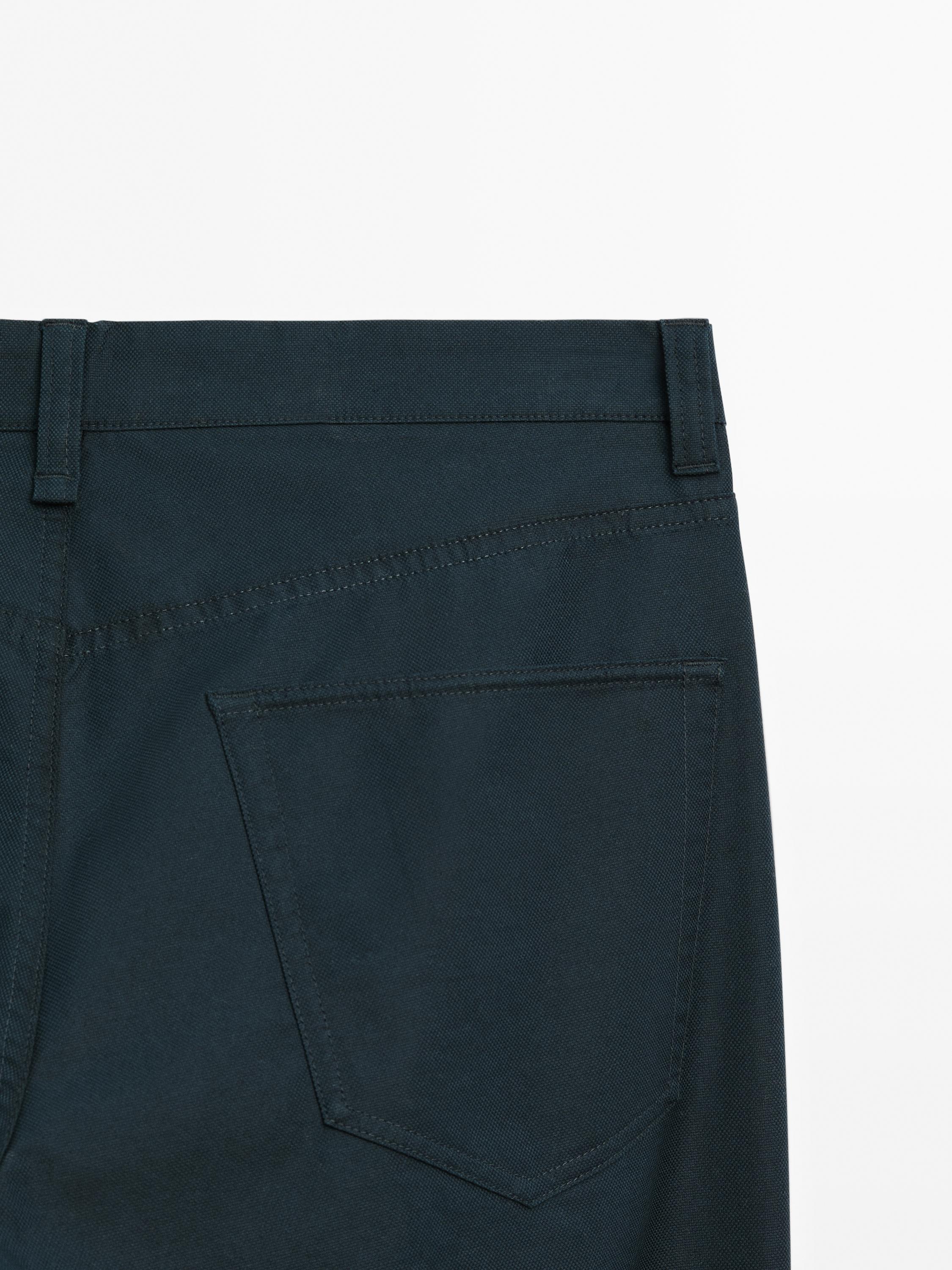 Lightweight tapered fit denim-effect trousers