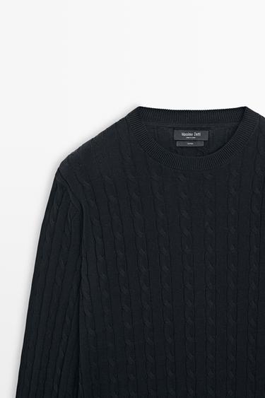 Cable-knit round neck sweater — NAVY BLUE 4