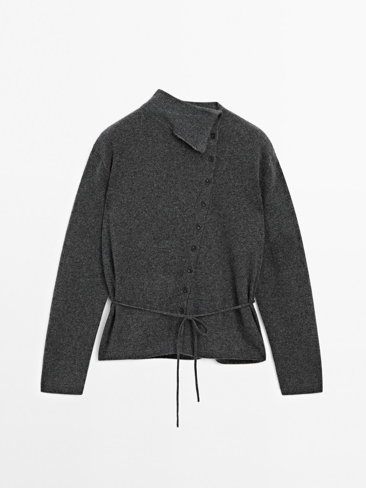 Massimo Dutti - Dame - Cardigan Med Rullekrave I 100% Kashmir - Koksgrå - L