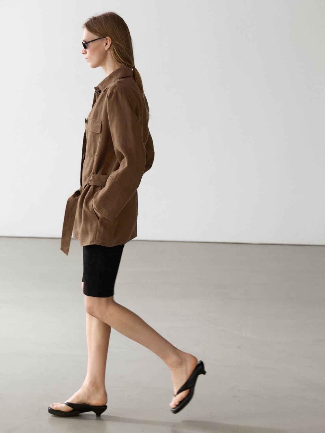100% linen blazer with pockets and belt detail — BROWN