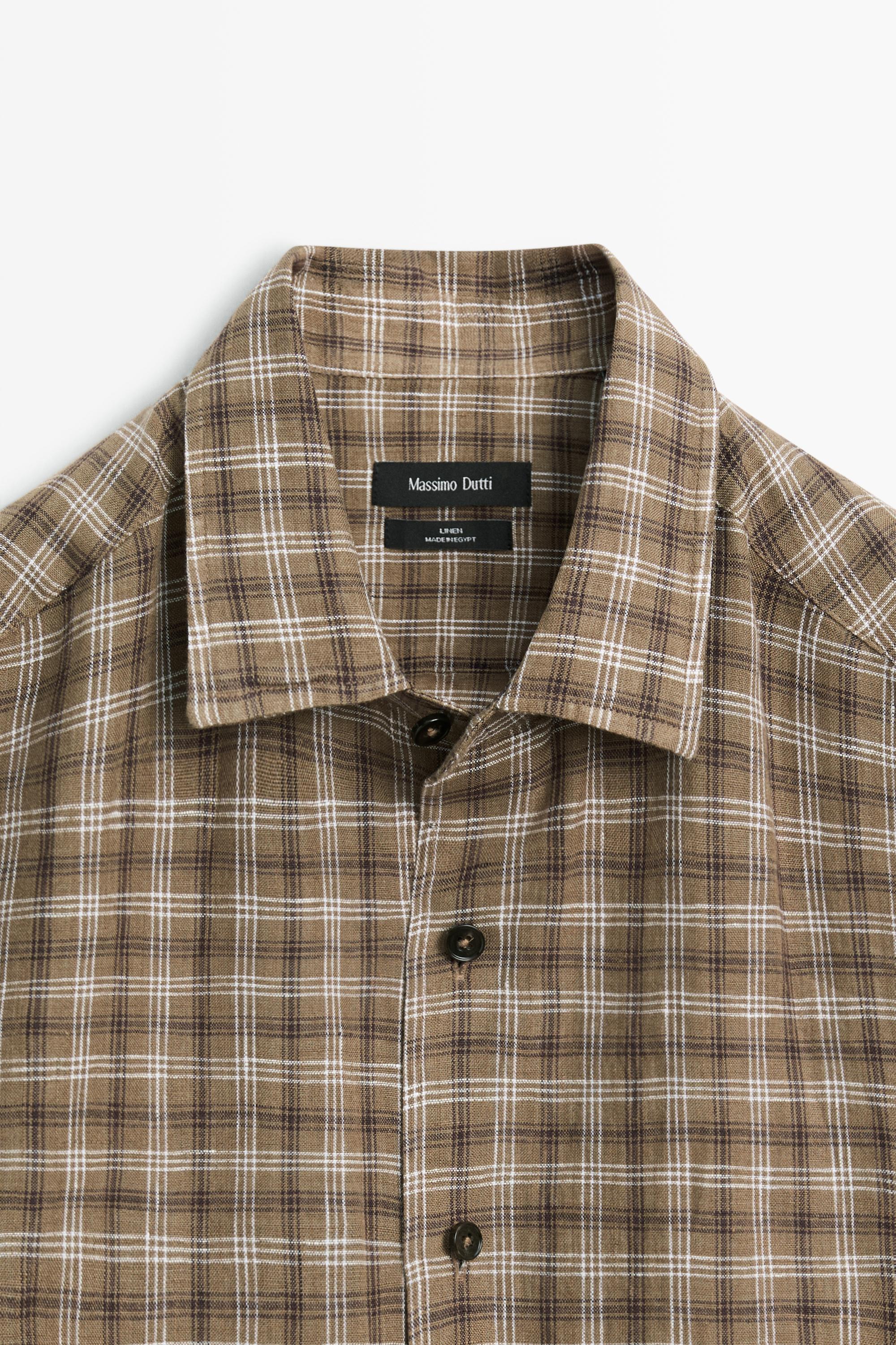 100% linen regular fit check shirt — BROWN MARL