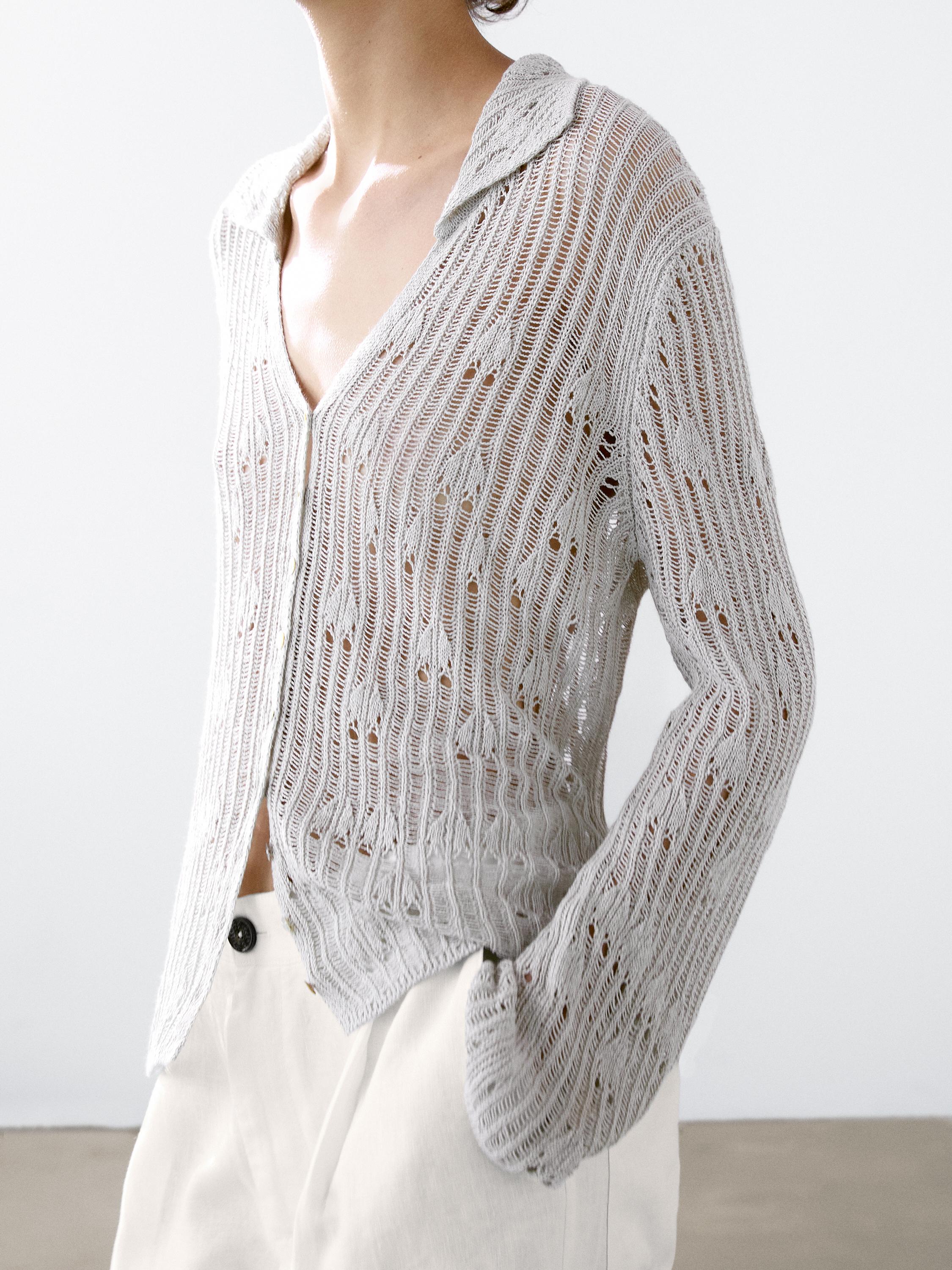 Cutwork cardigan with polo collar