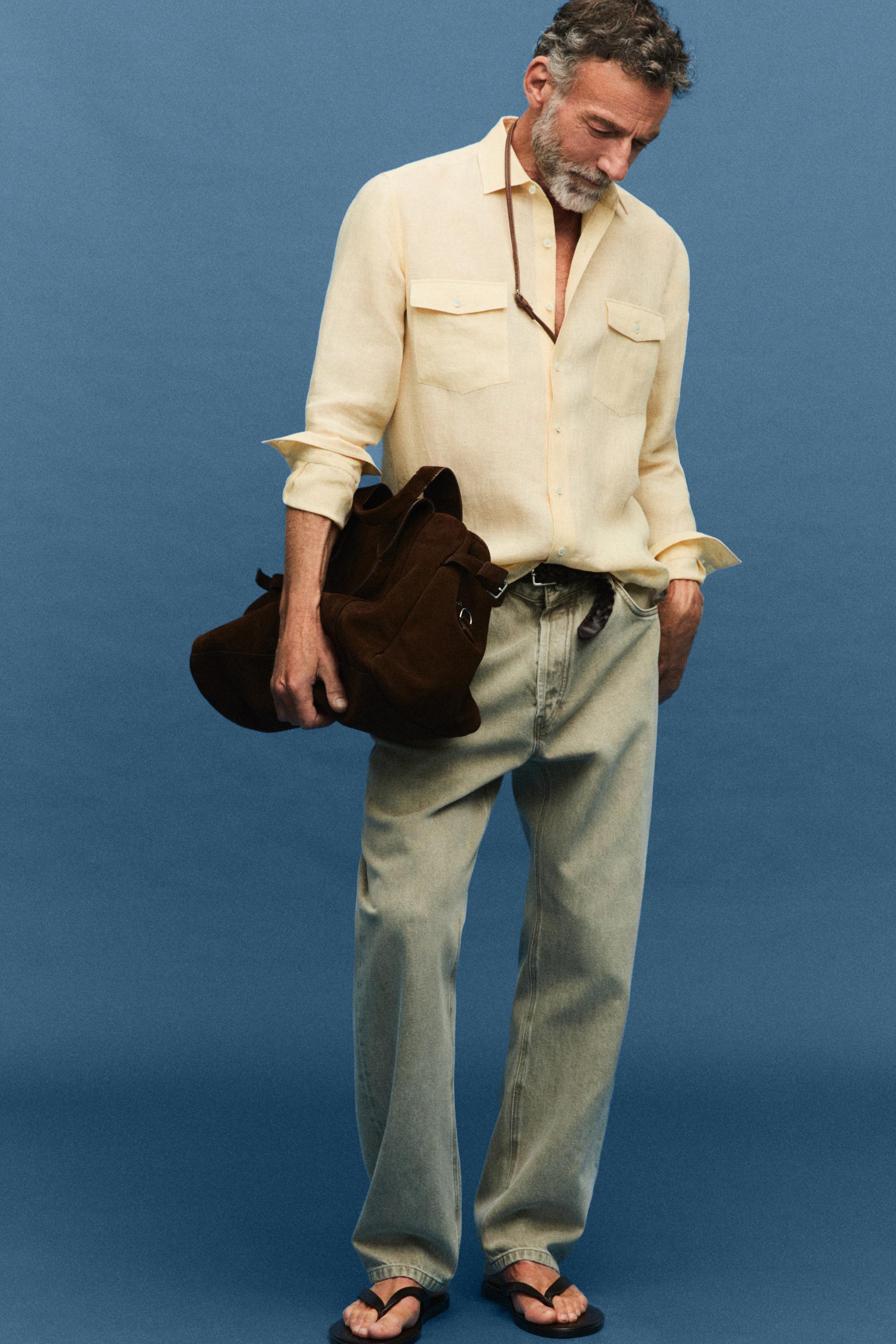 Regular fit 100% linen shirt with pockets — YELLOW