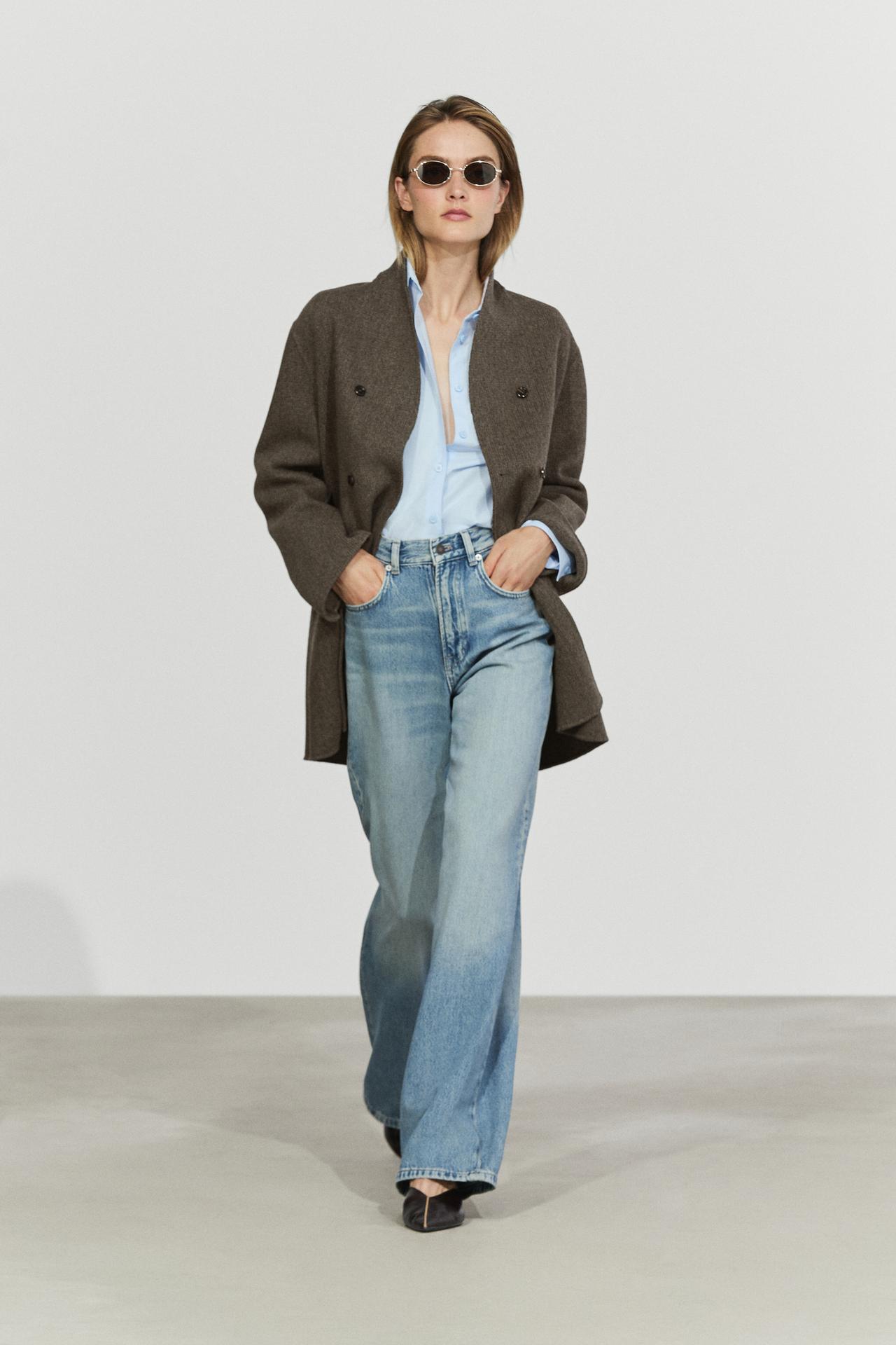 Mid-length double-breasted coat with button detail — BROWN