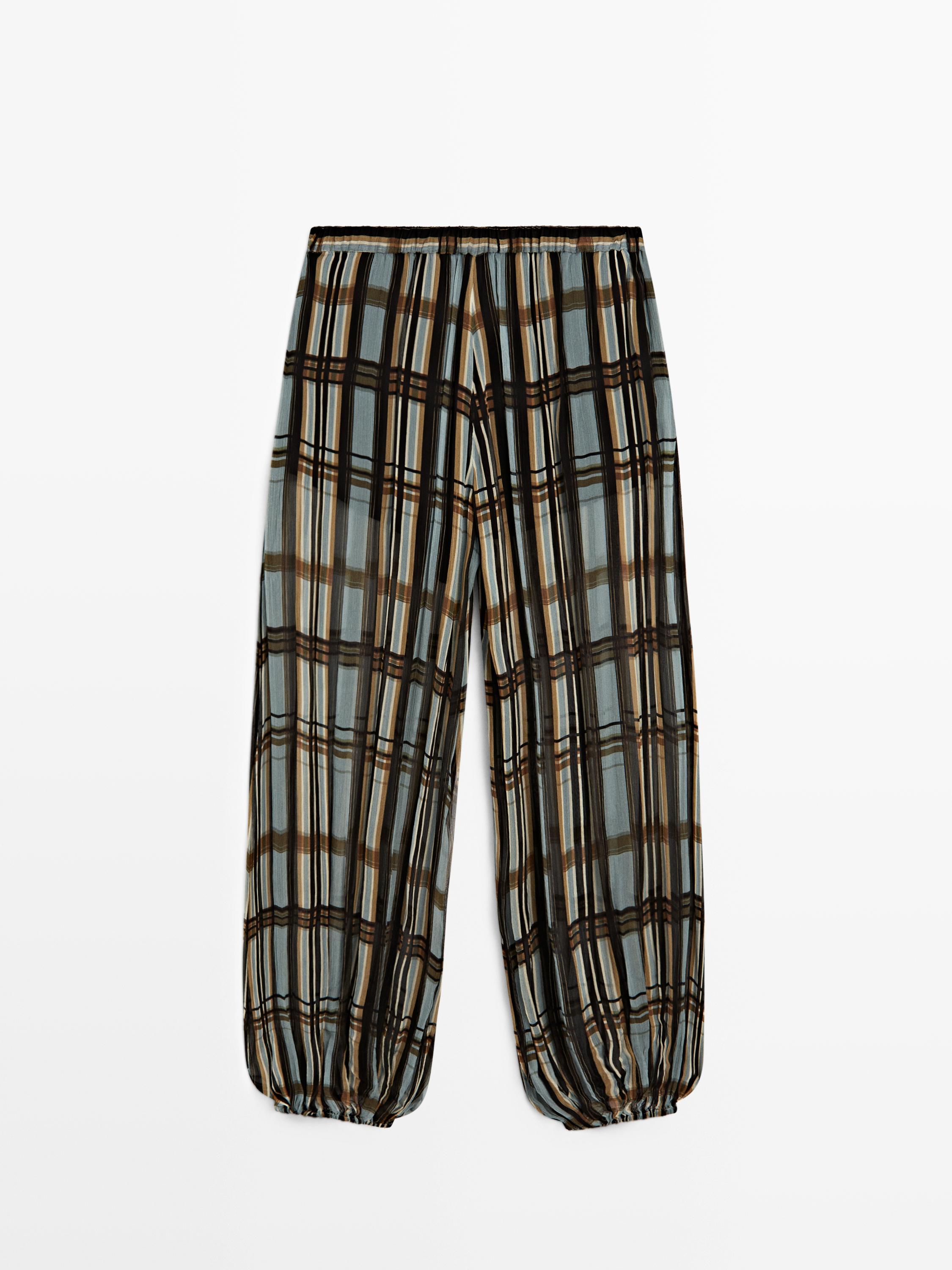 Flowing check printed sarouel trousers — Light Blue