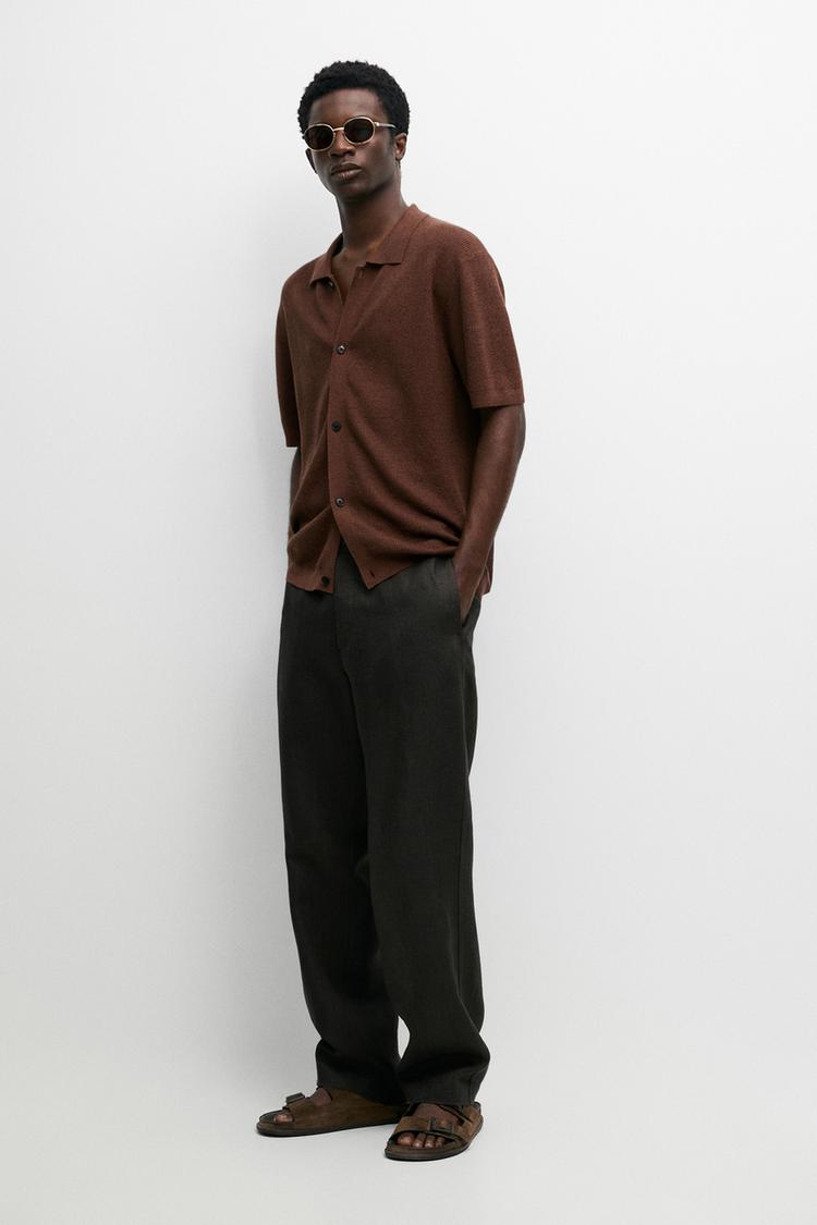 Linen blend knit shirt-collar polo — TERRA COTA