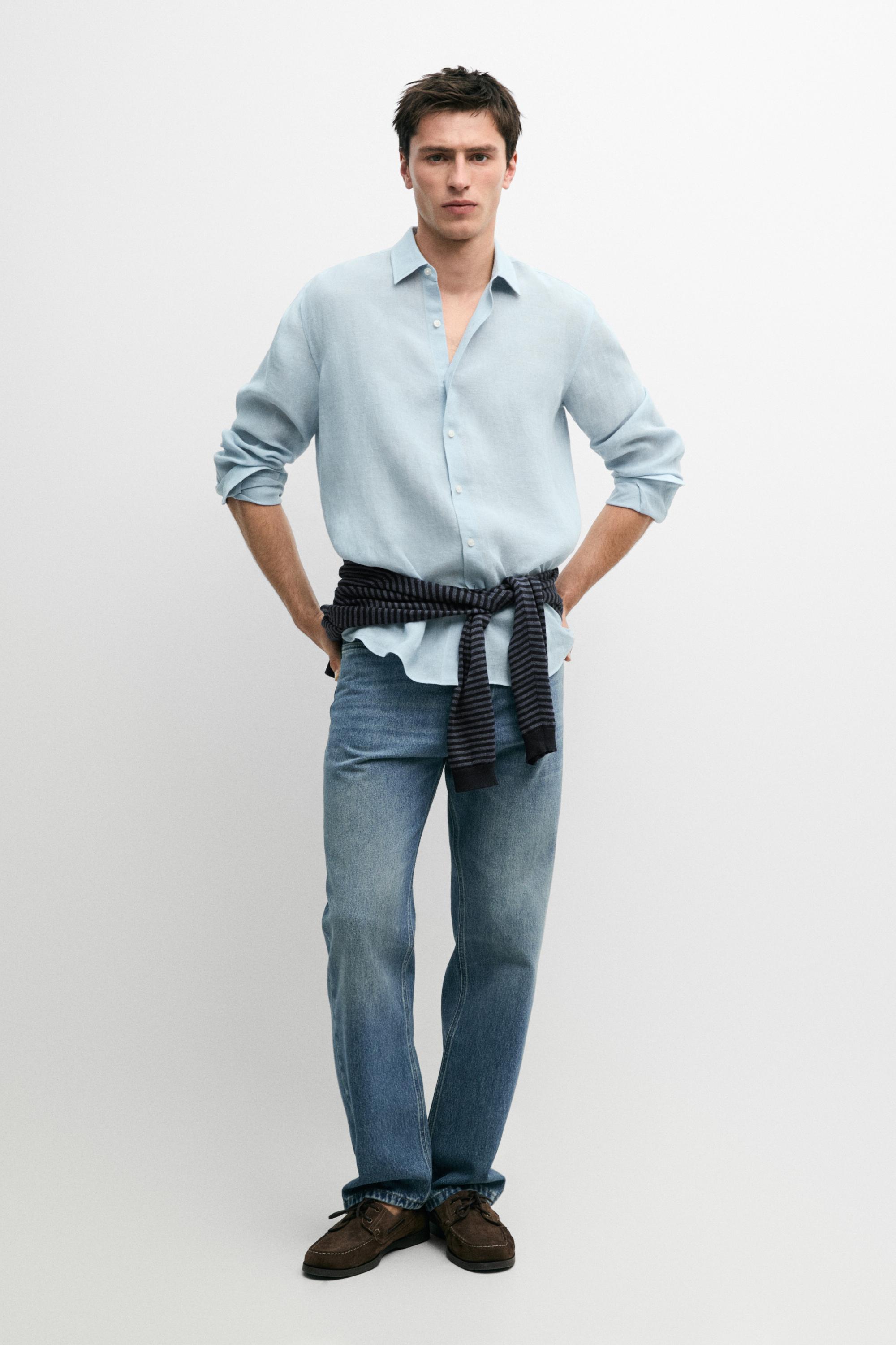 Textured 100% linen regular fit shirt — BLUE