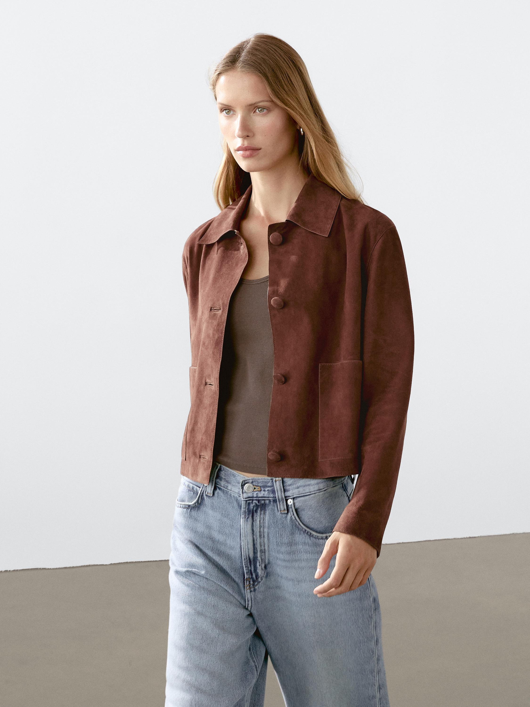 Cropped suede leather-lined jacket with buttons