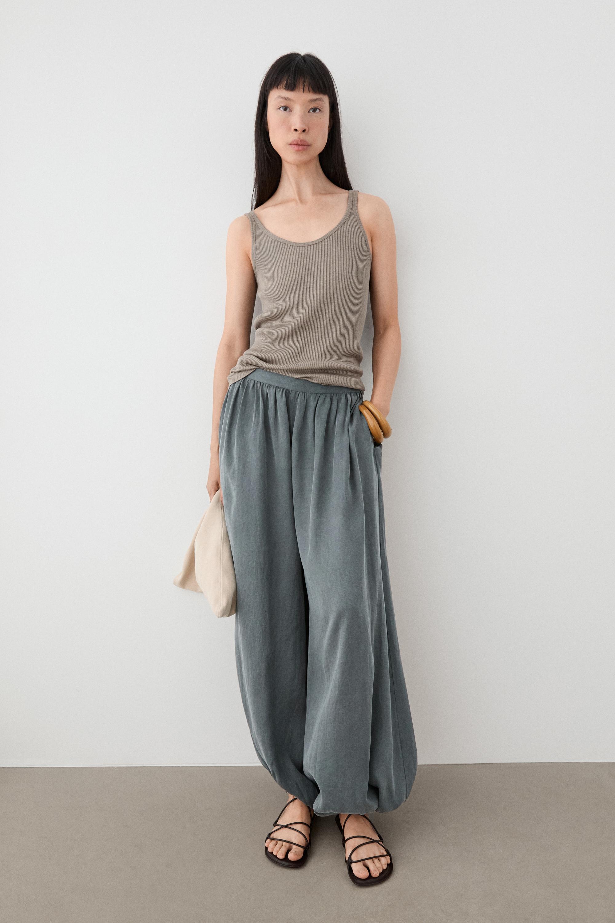 Pleated balloon fit linen blend trousers — GREY BLUE