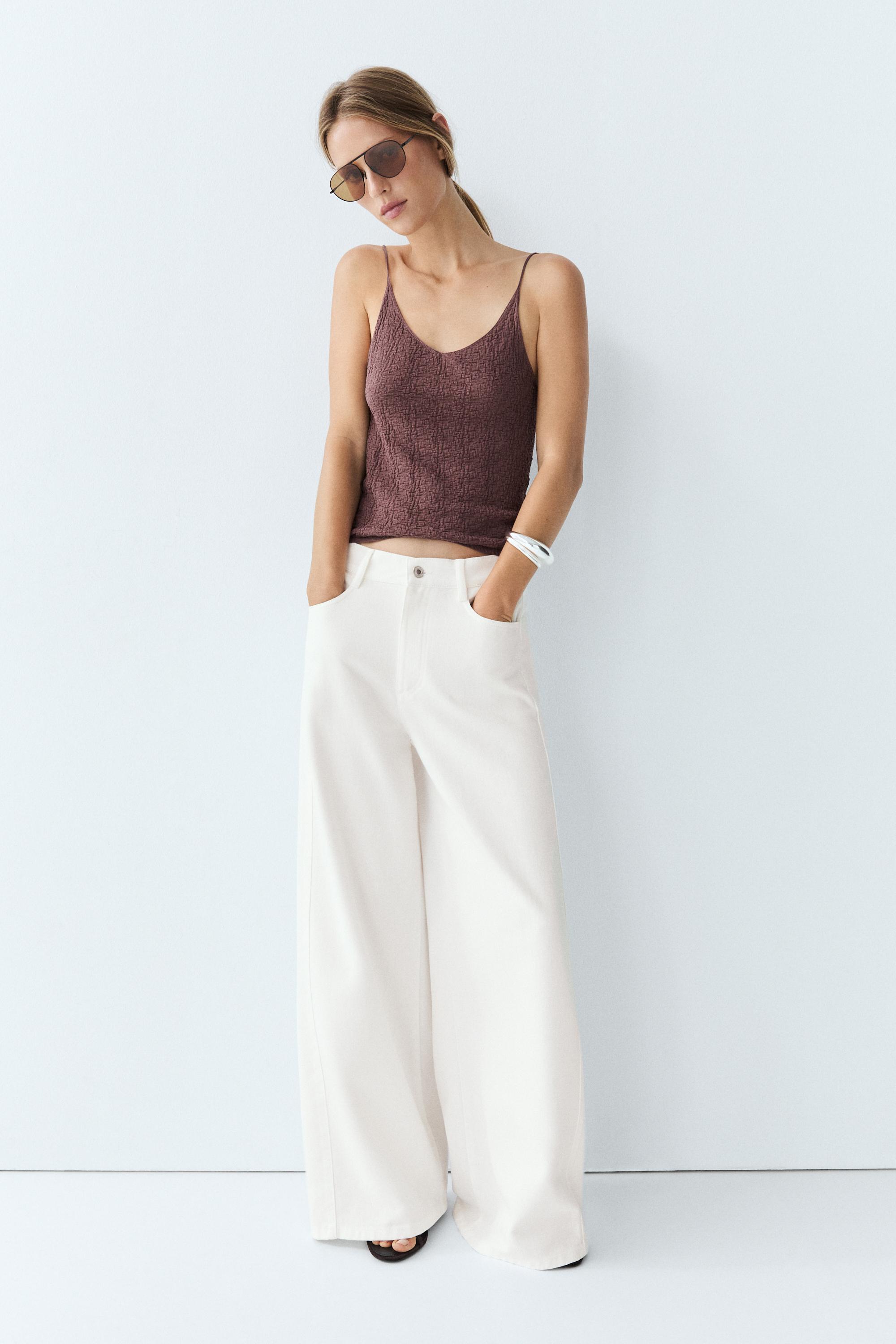 100% cotton textured strappy top — PINK MARL