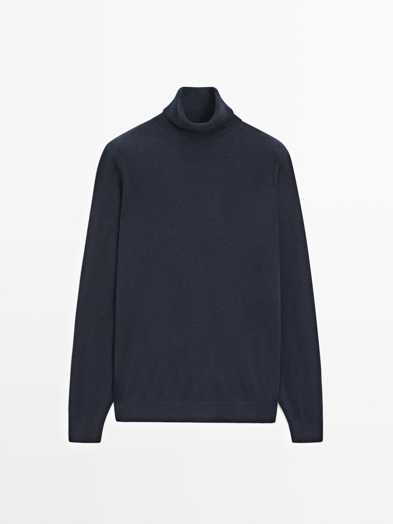 Massimo Dutti - Herre - Strikket Trøje I Uldblanding Med Høj Hals - Marineblå - M