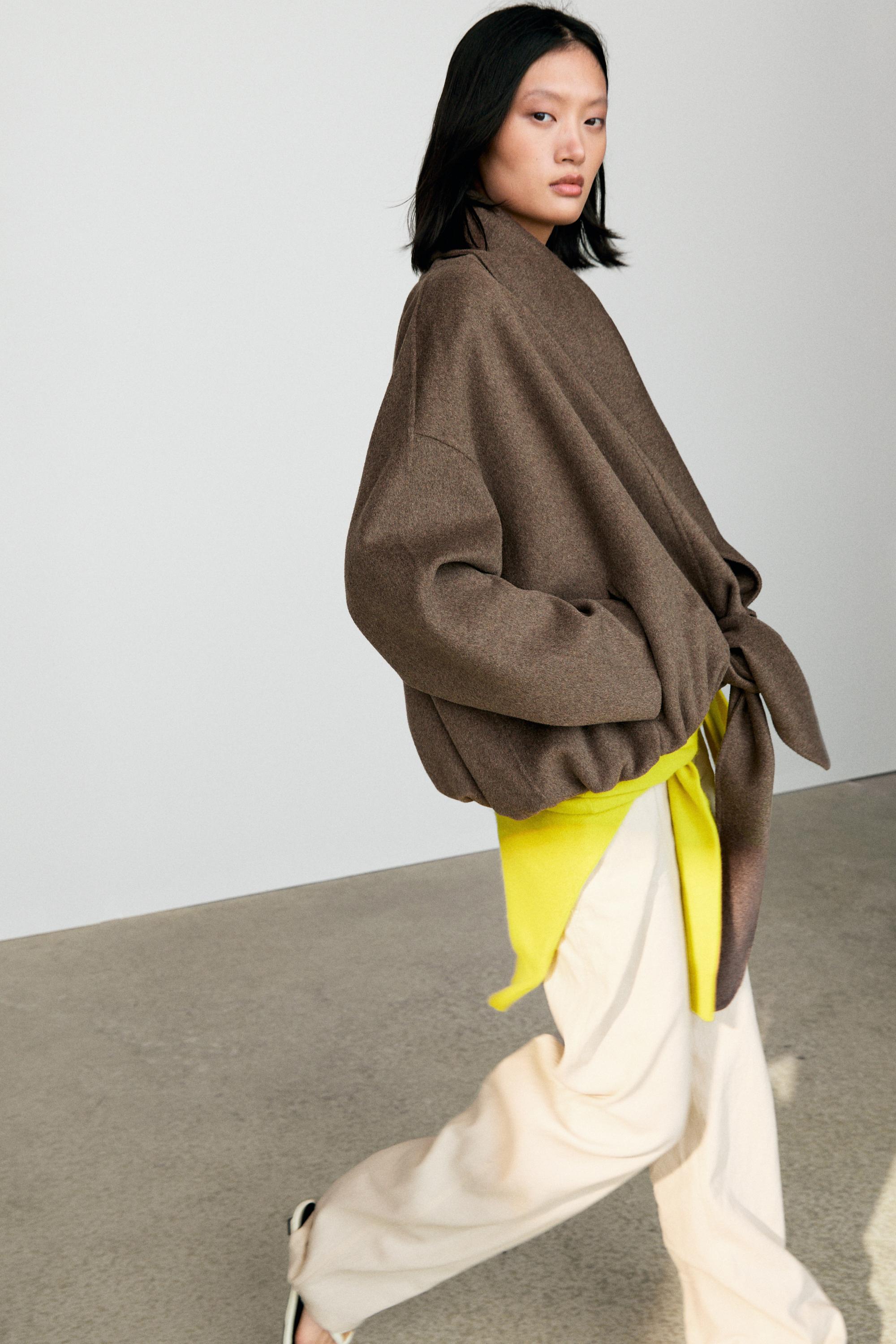 Wrap-style melange wool blend jacket — MOLE BROWN