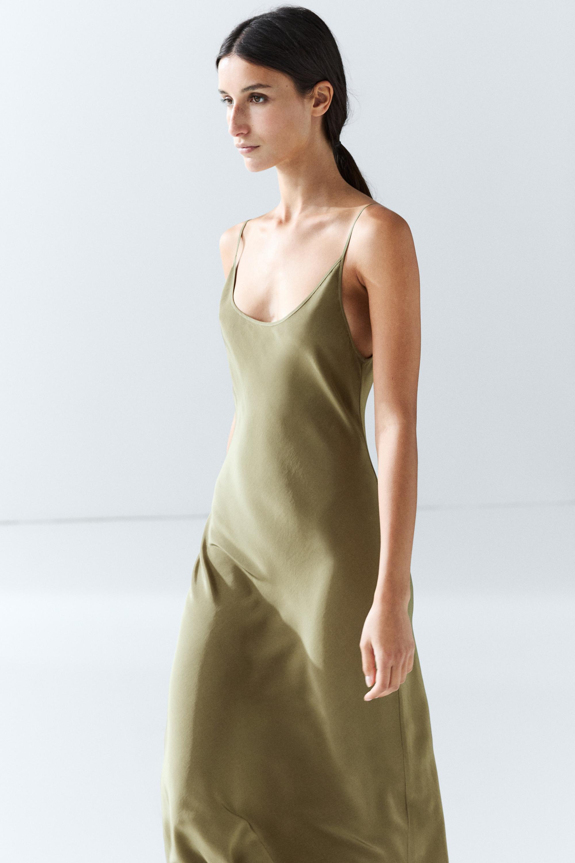 Spaghetti strap lingerie midi dress — GREEN