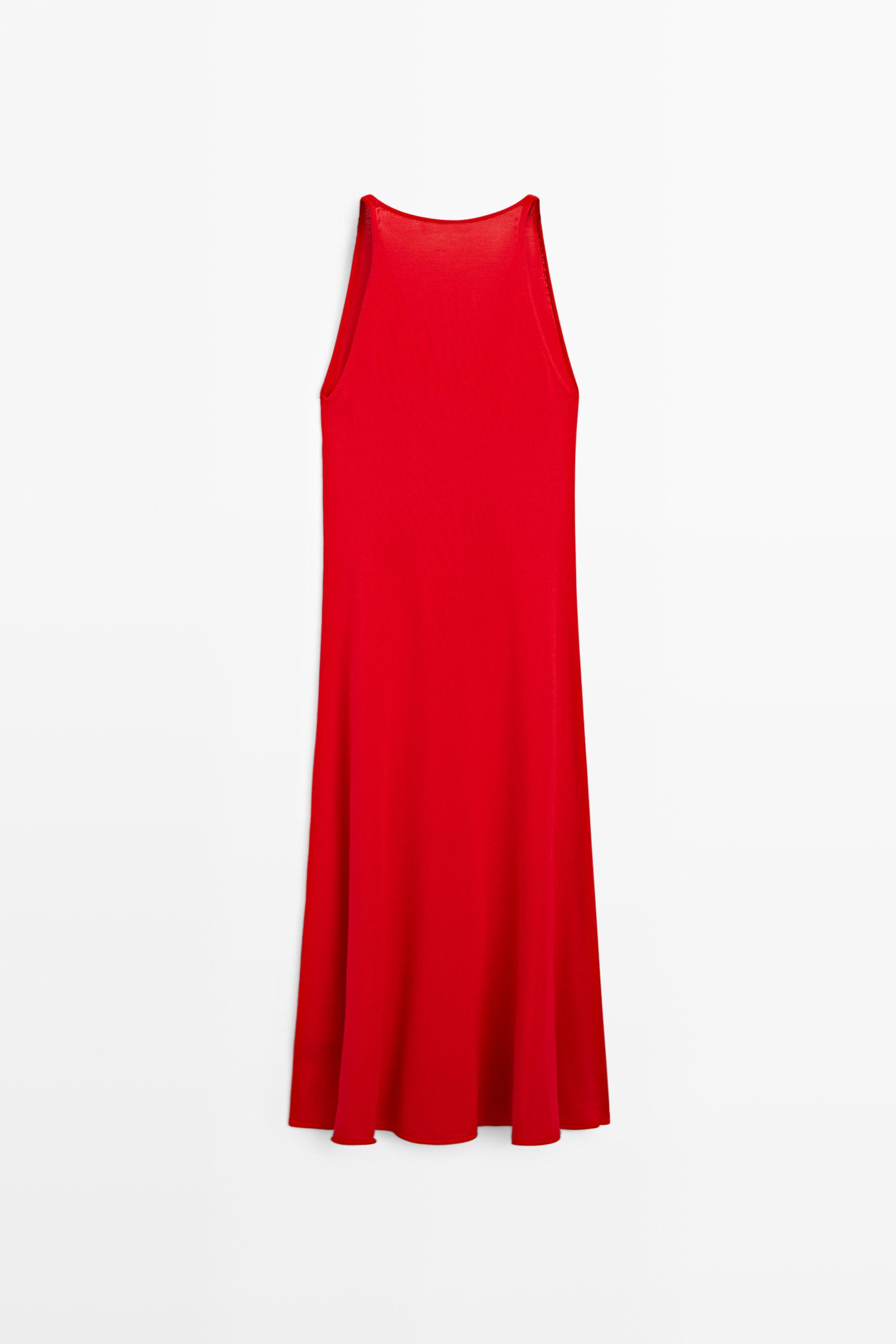 V-neck knit midi dress — RED
