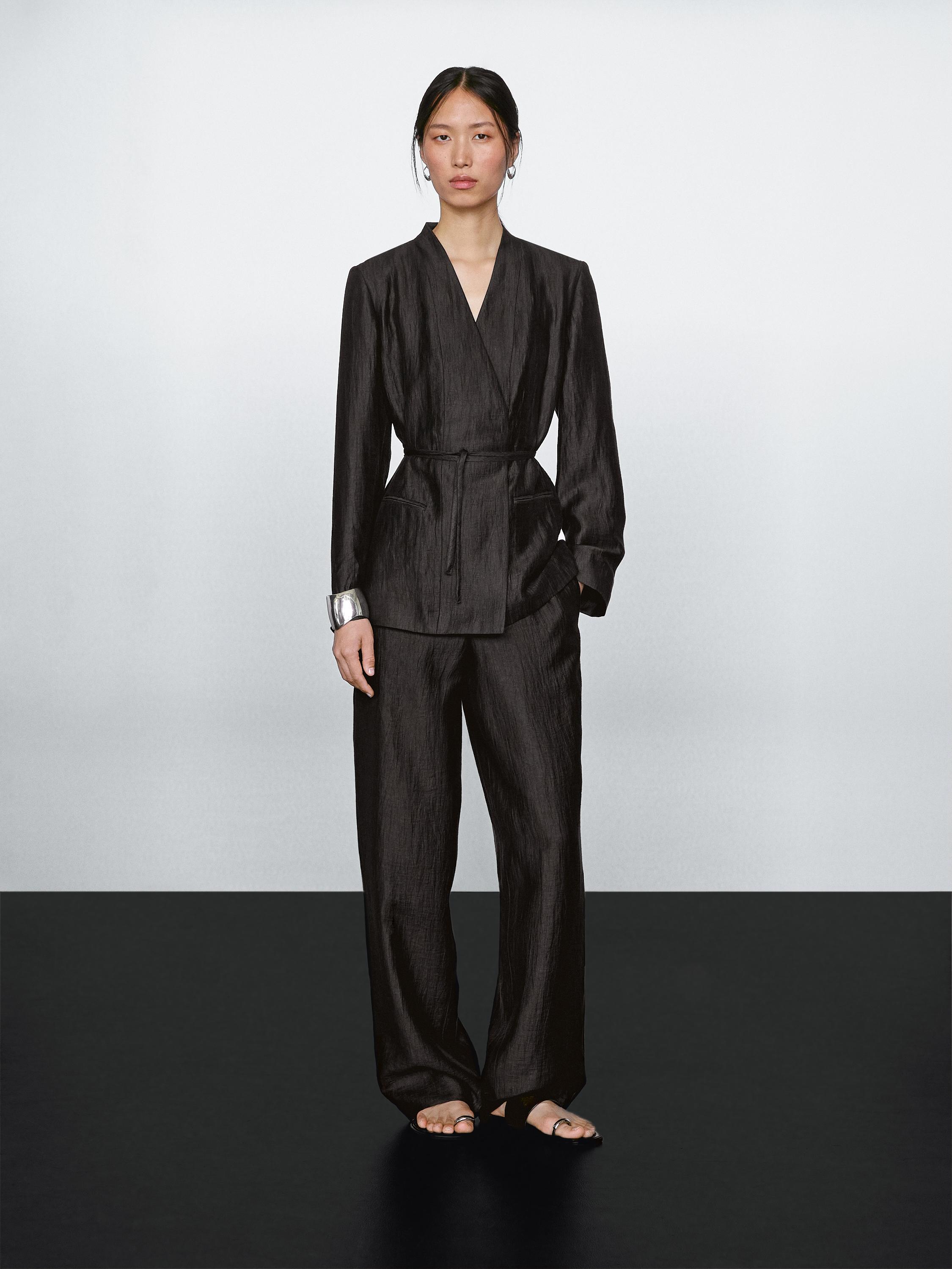 Linen blend palazzo trousers with darts
