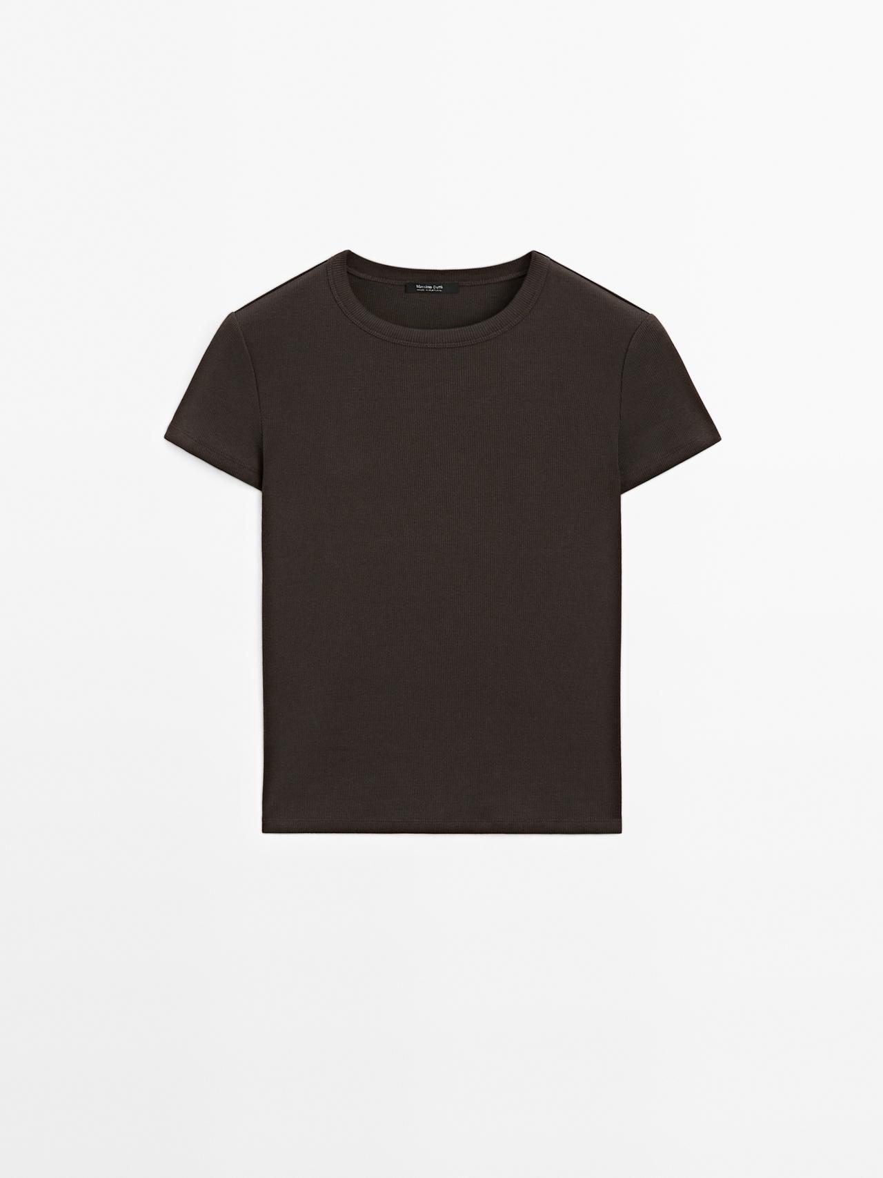 Massimo Dutti - Dame - Kortærmet T-Shirt I Ribstof - Brun - S