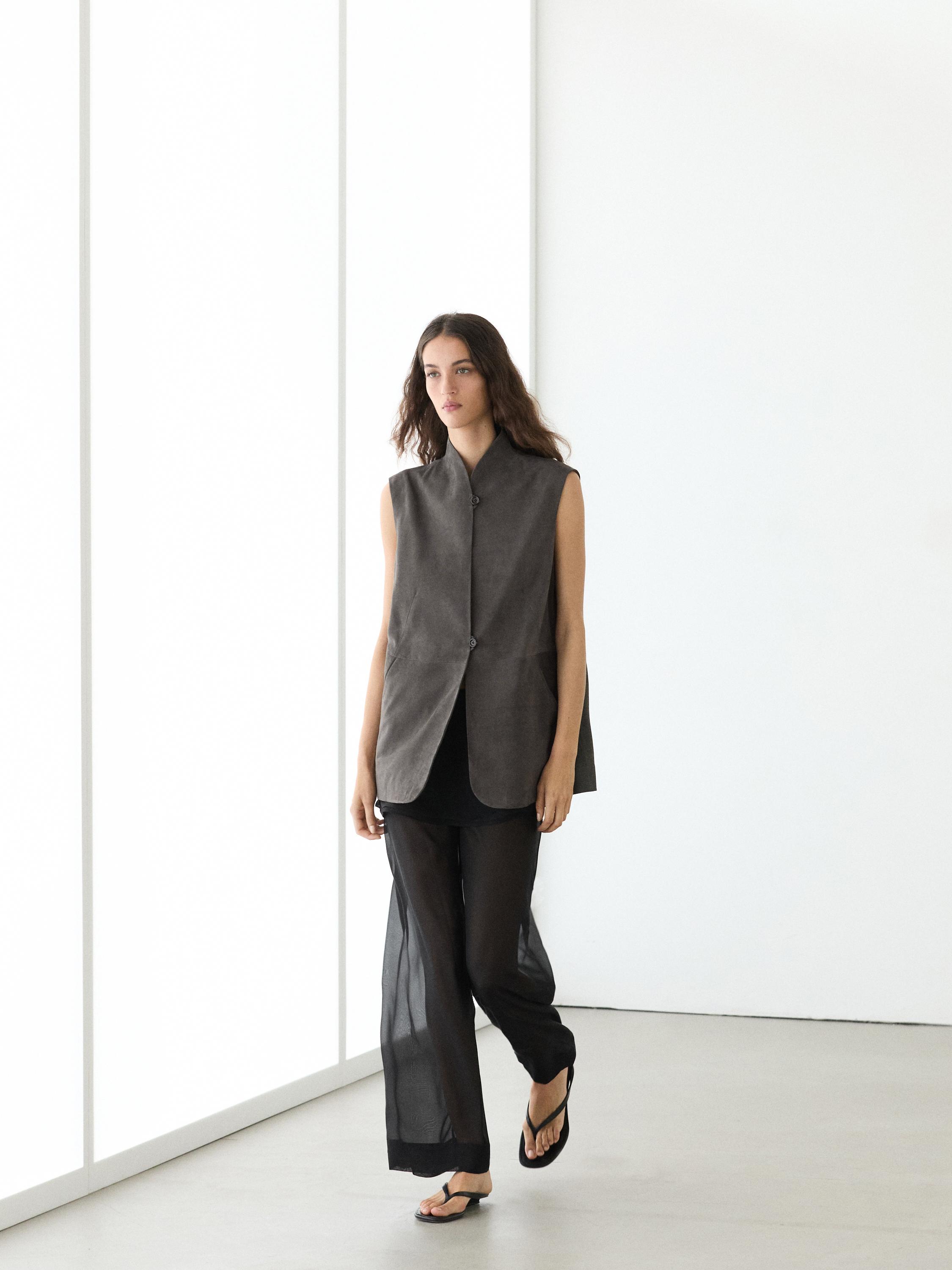 Leather waistcoat with velvety finish — MOLE BROWN