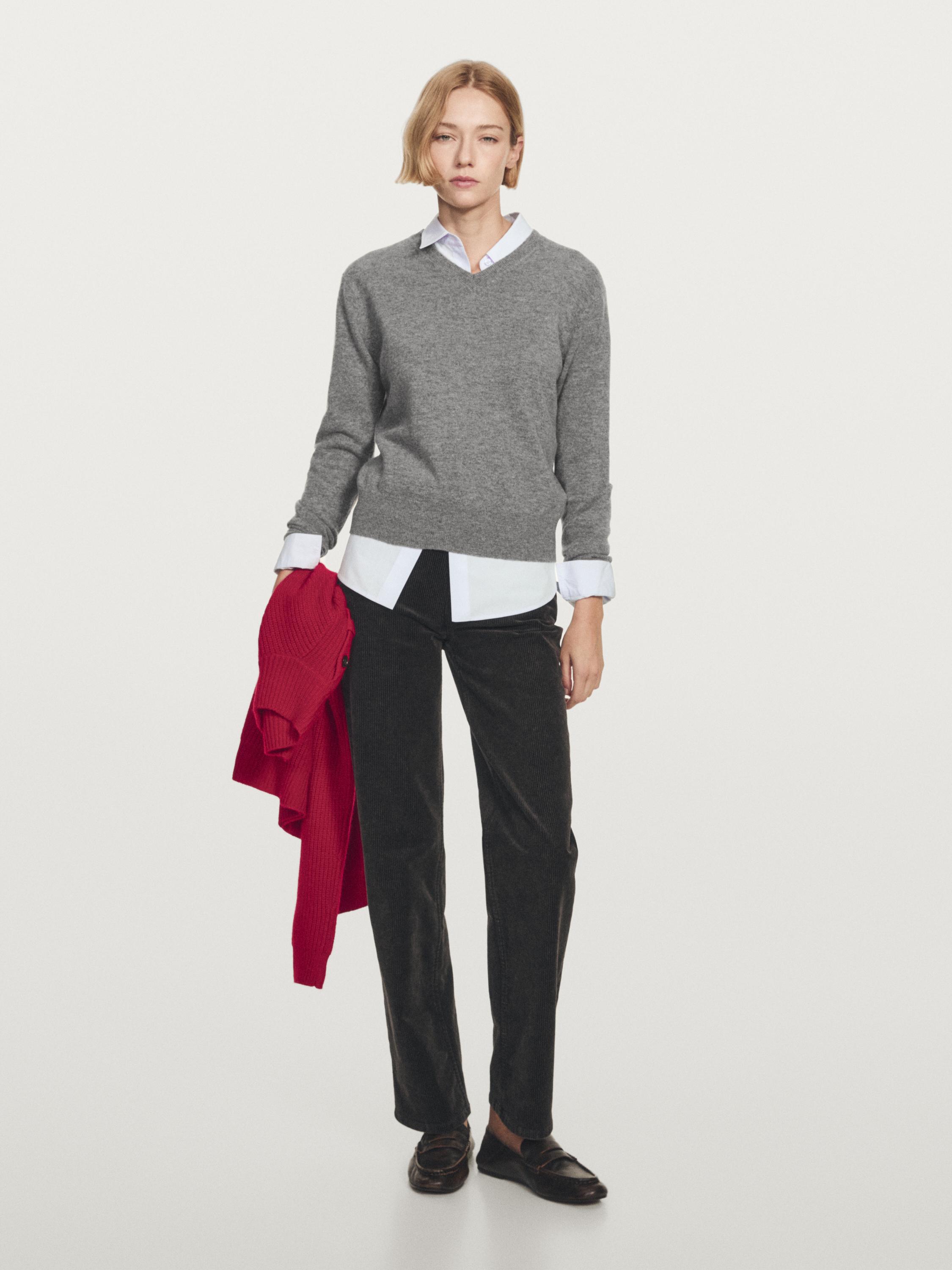 Wool blend knit V-neck sweater — GREY MARL