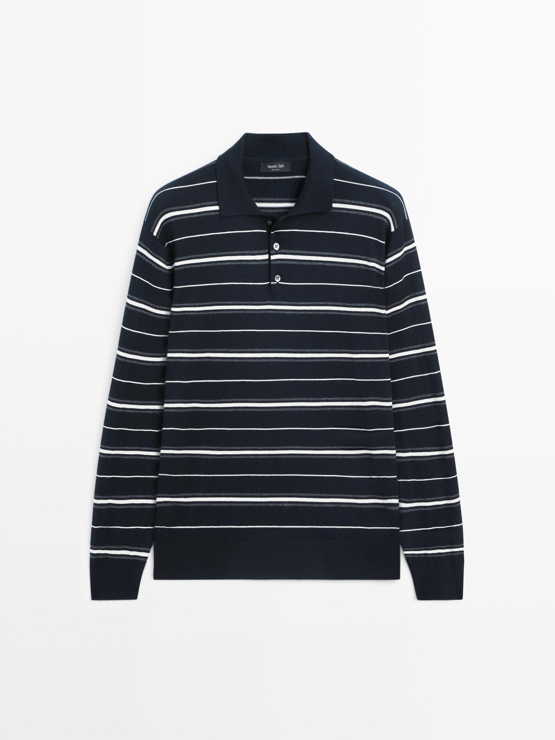 Cotton blend striped knit polo sweater — NAVY BLUE
