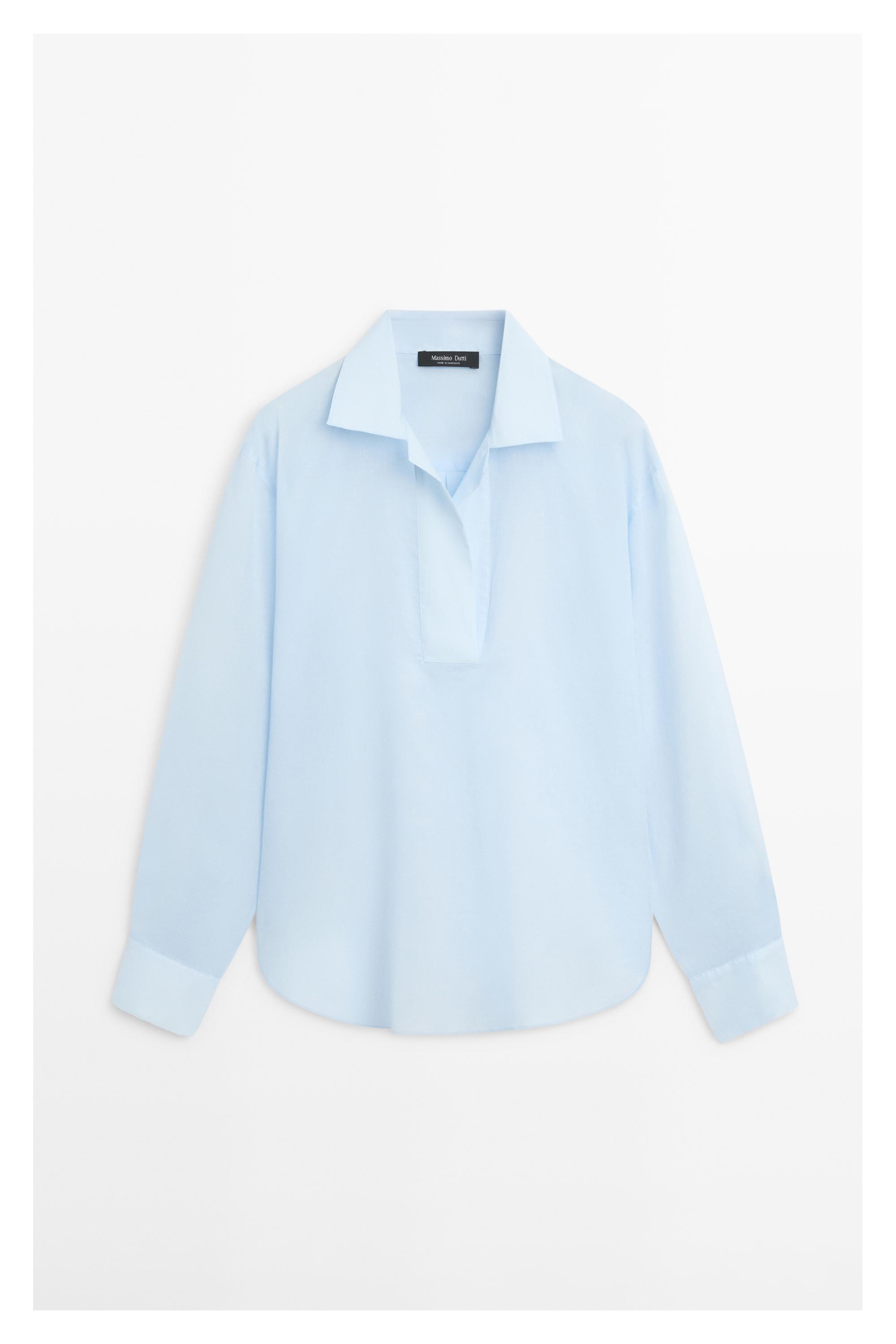 Flowing 100% cotton shirt with collar detail — SKY BLUE