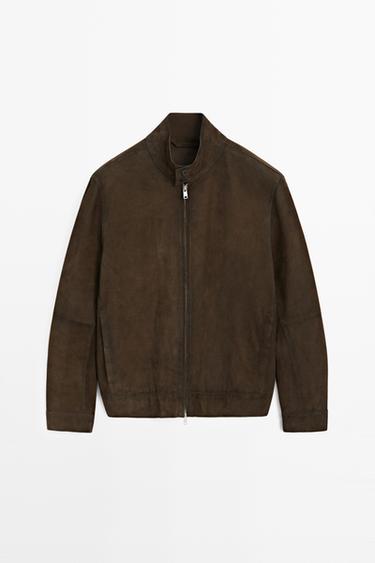SUEDE STAND COLLAR BOMBER JACKET WITH ZIP — Chocolate 2