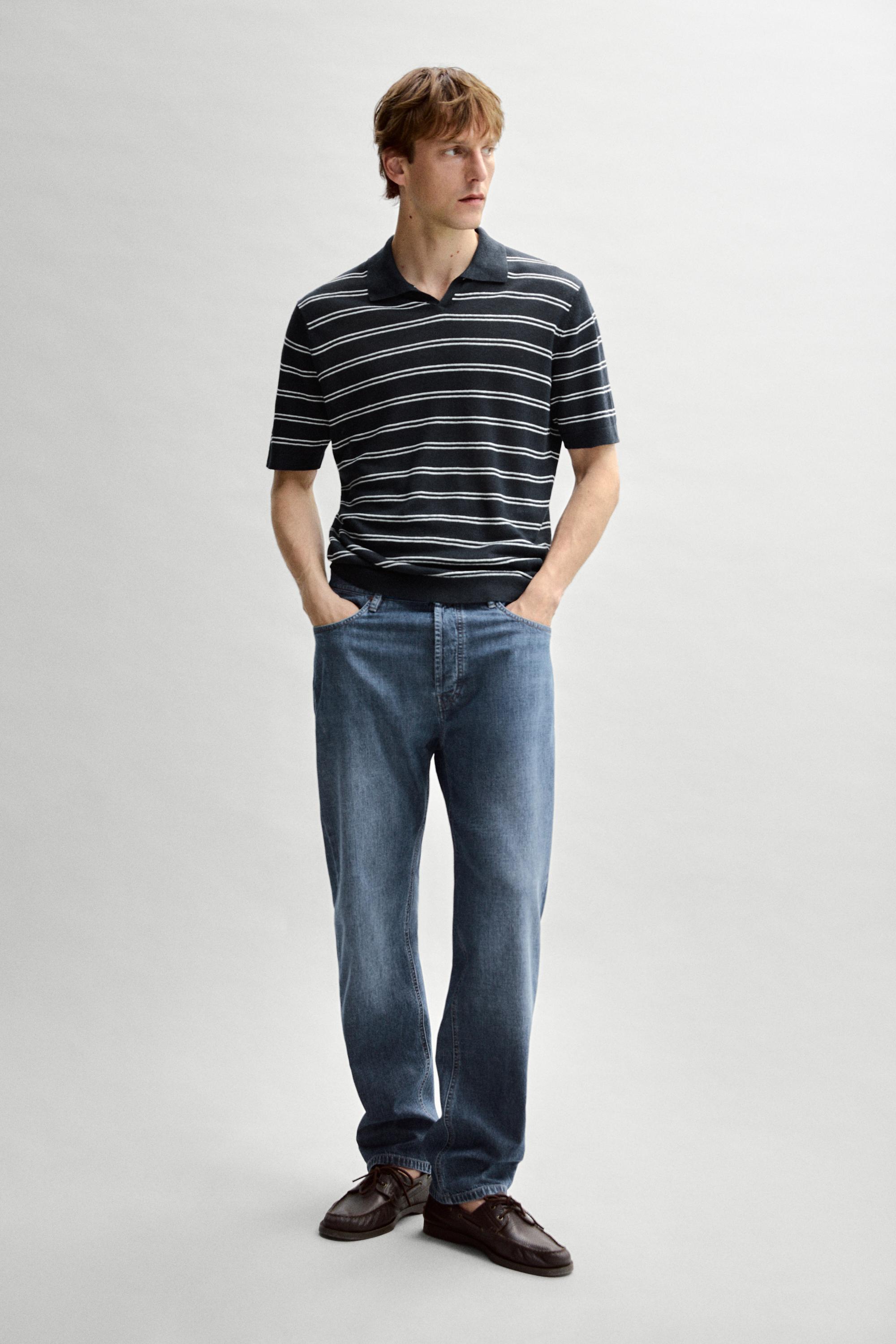 Striped 100% linen V-neck polo shirt — NAVY BLUE