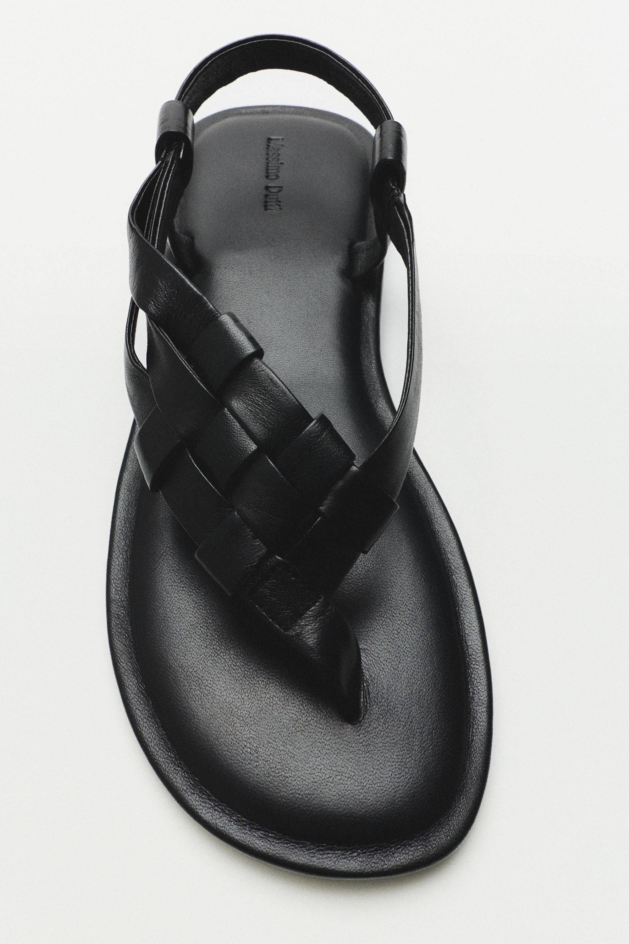 Flat woven leather sandals — BLACK