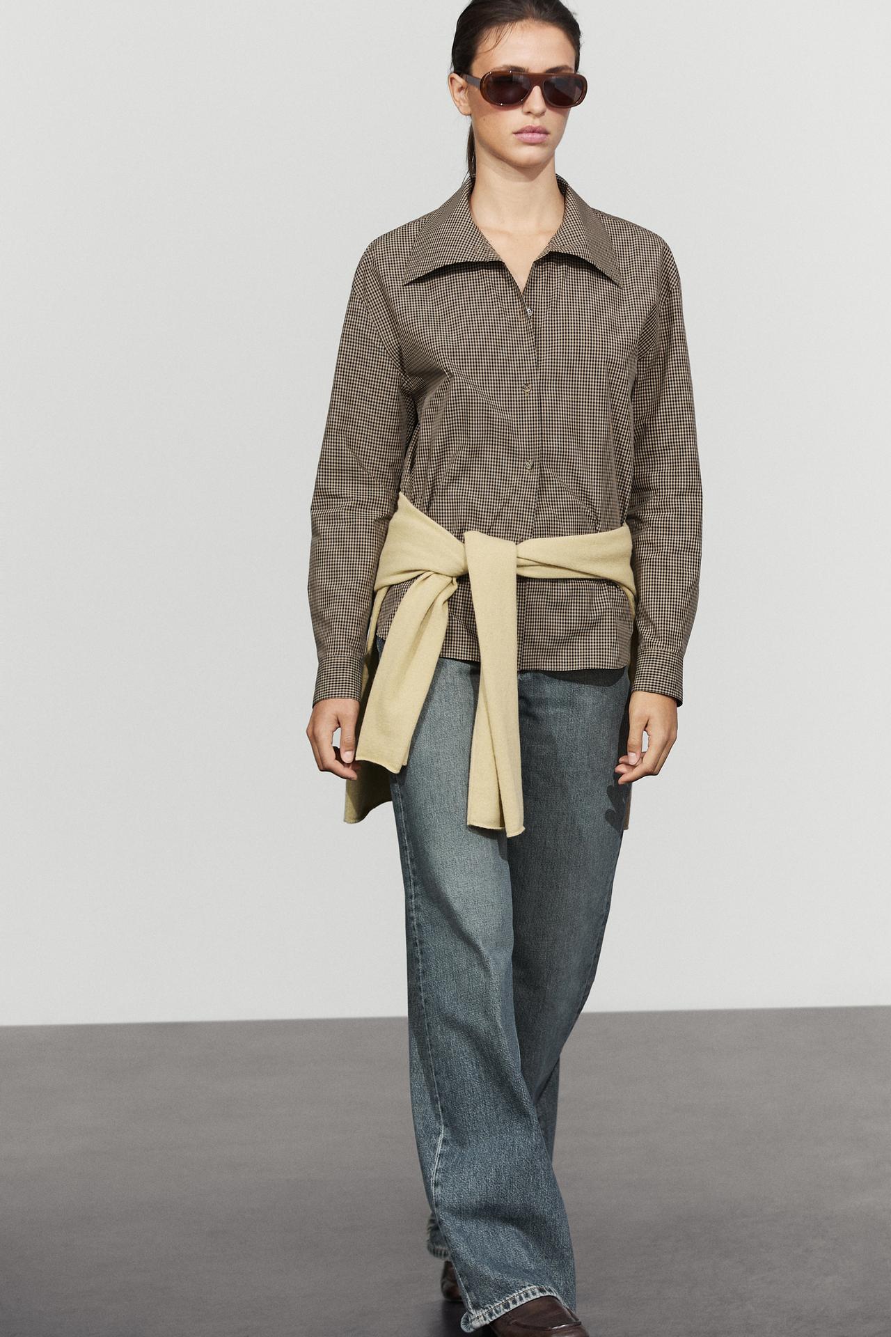 Cotton blend gingham shirt — BROWN