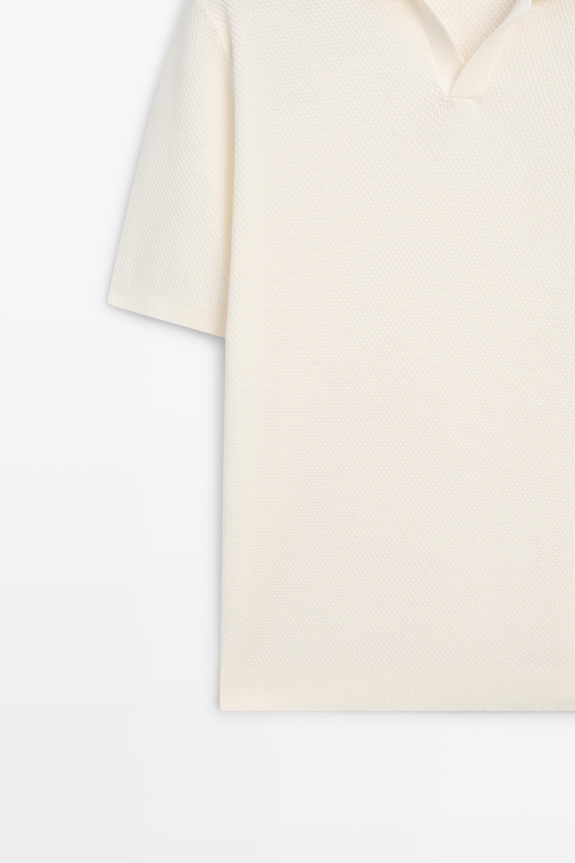 Cotton blend knit V-neck polo shirt — CREAM