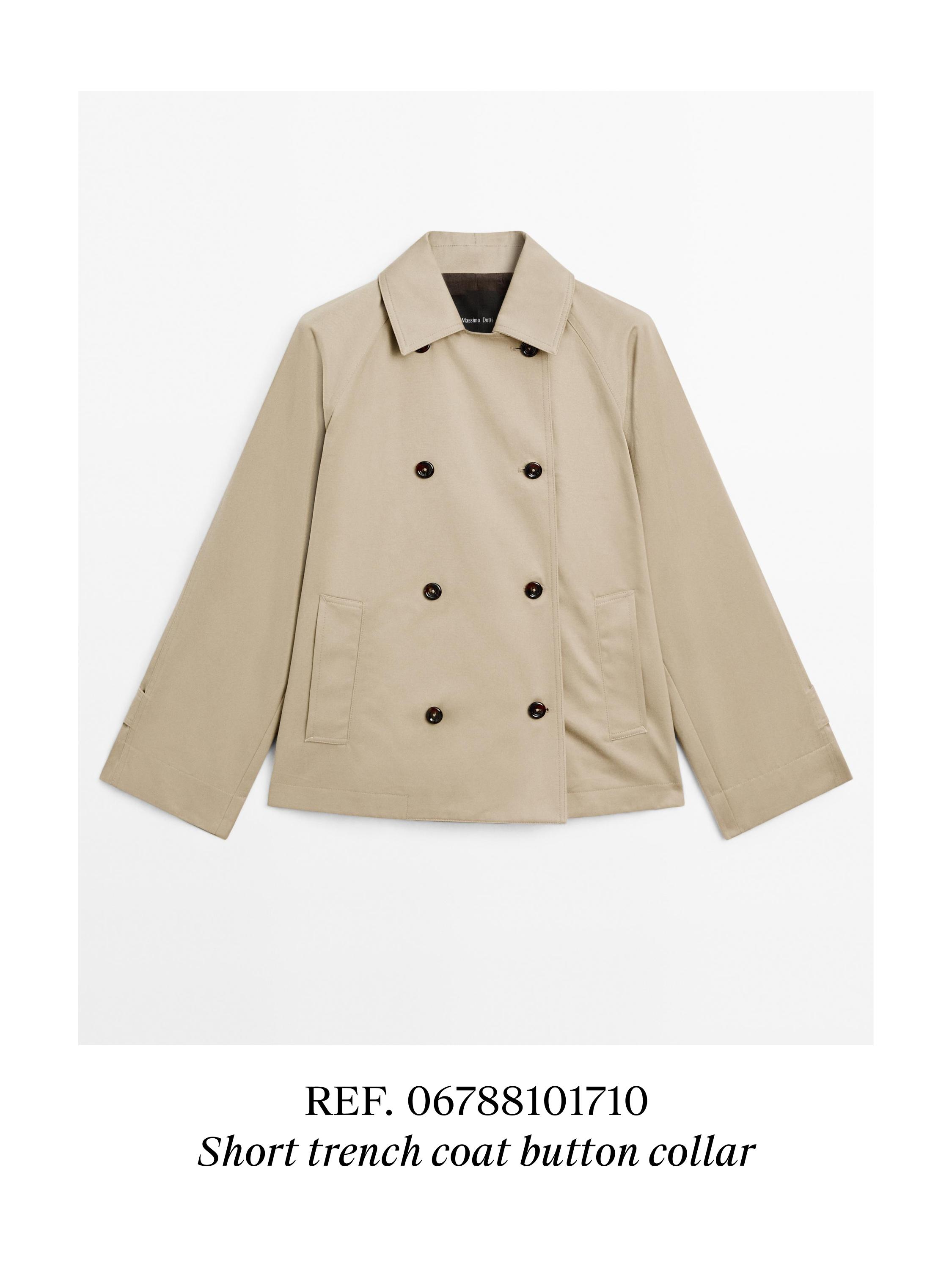 Short trench coat with button detail on the collar