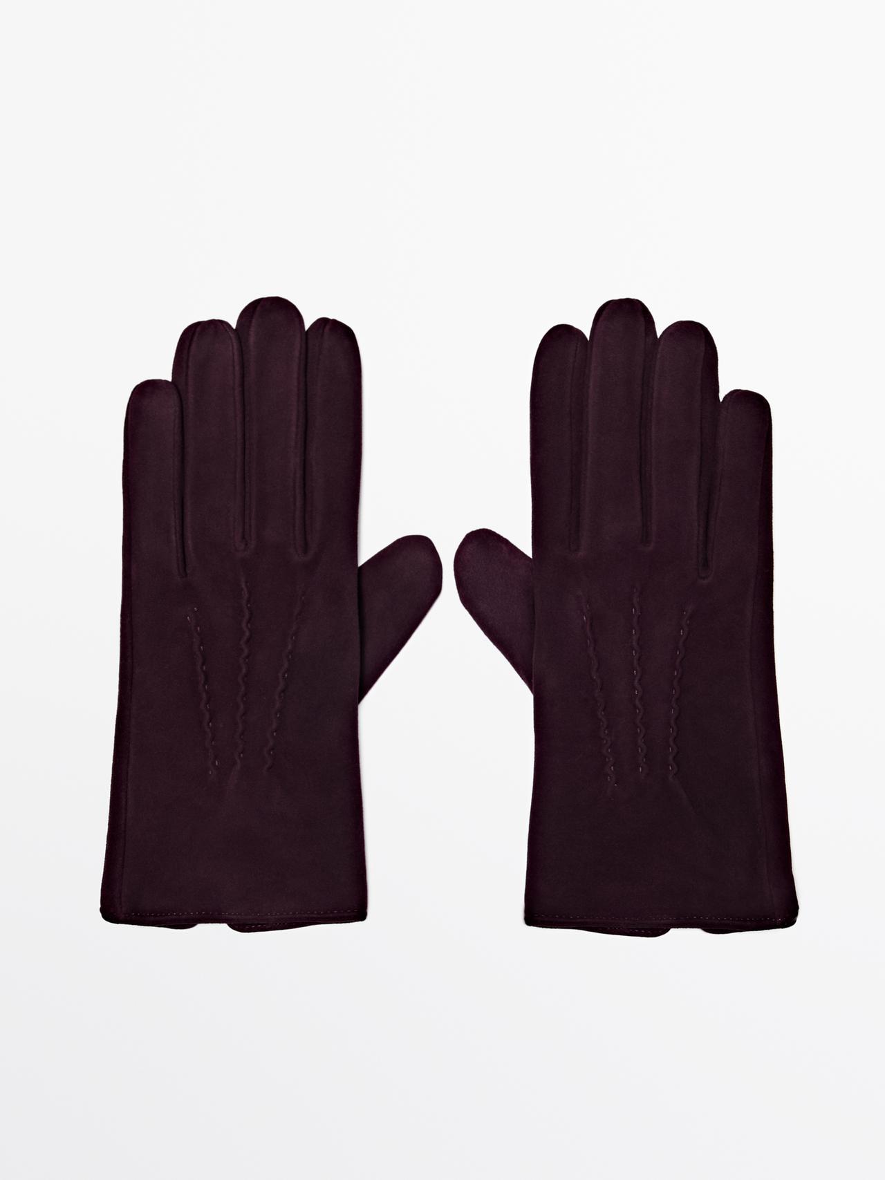 Gants En Cuir Finition Daim - Bordeaux - S - Massimo Dutti - Femme