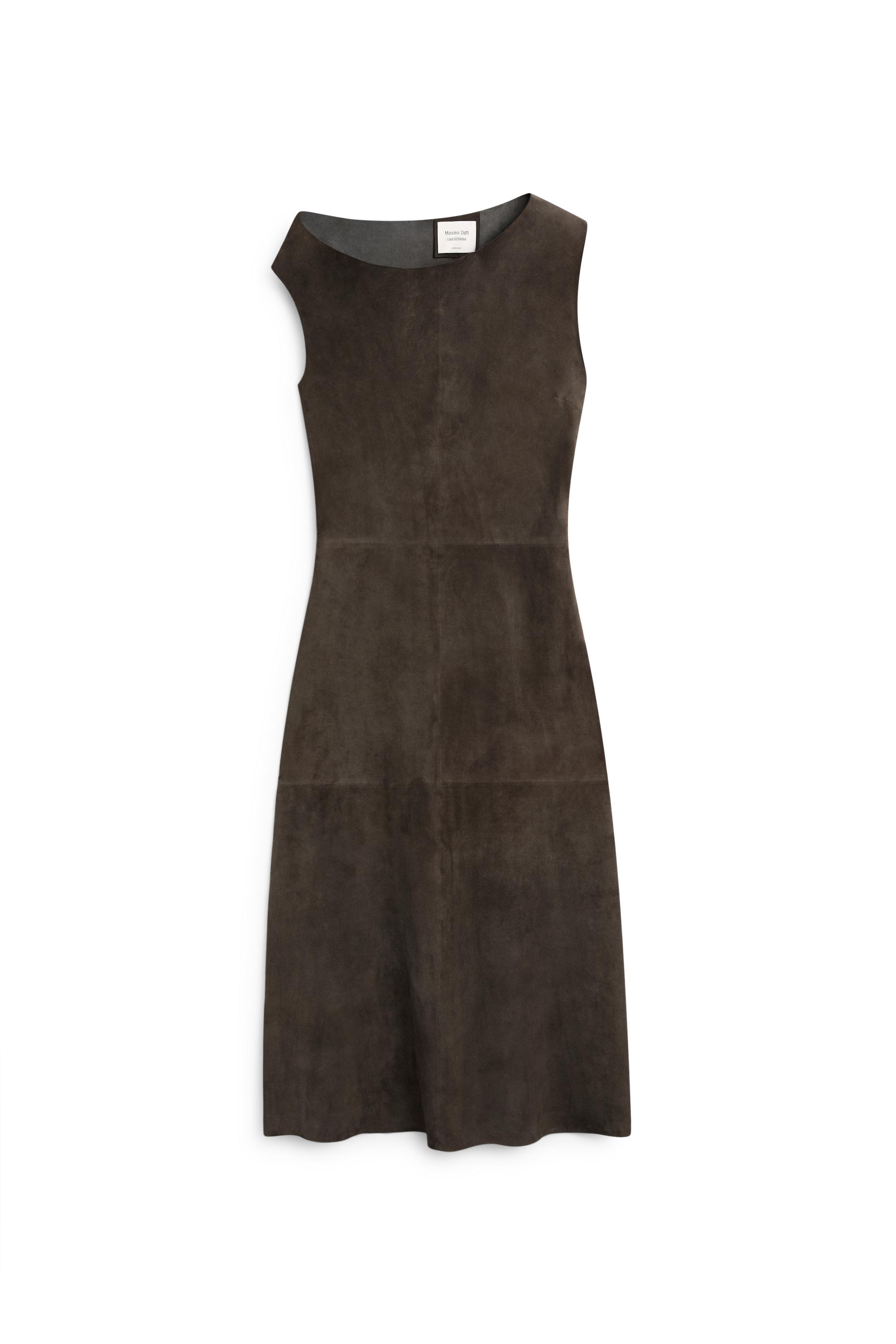 Suede leather midi dress with asymmetric neckline - LIMITED EDITION · Mole  Brown · Leatherâ Outerwear