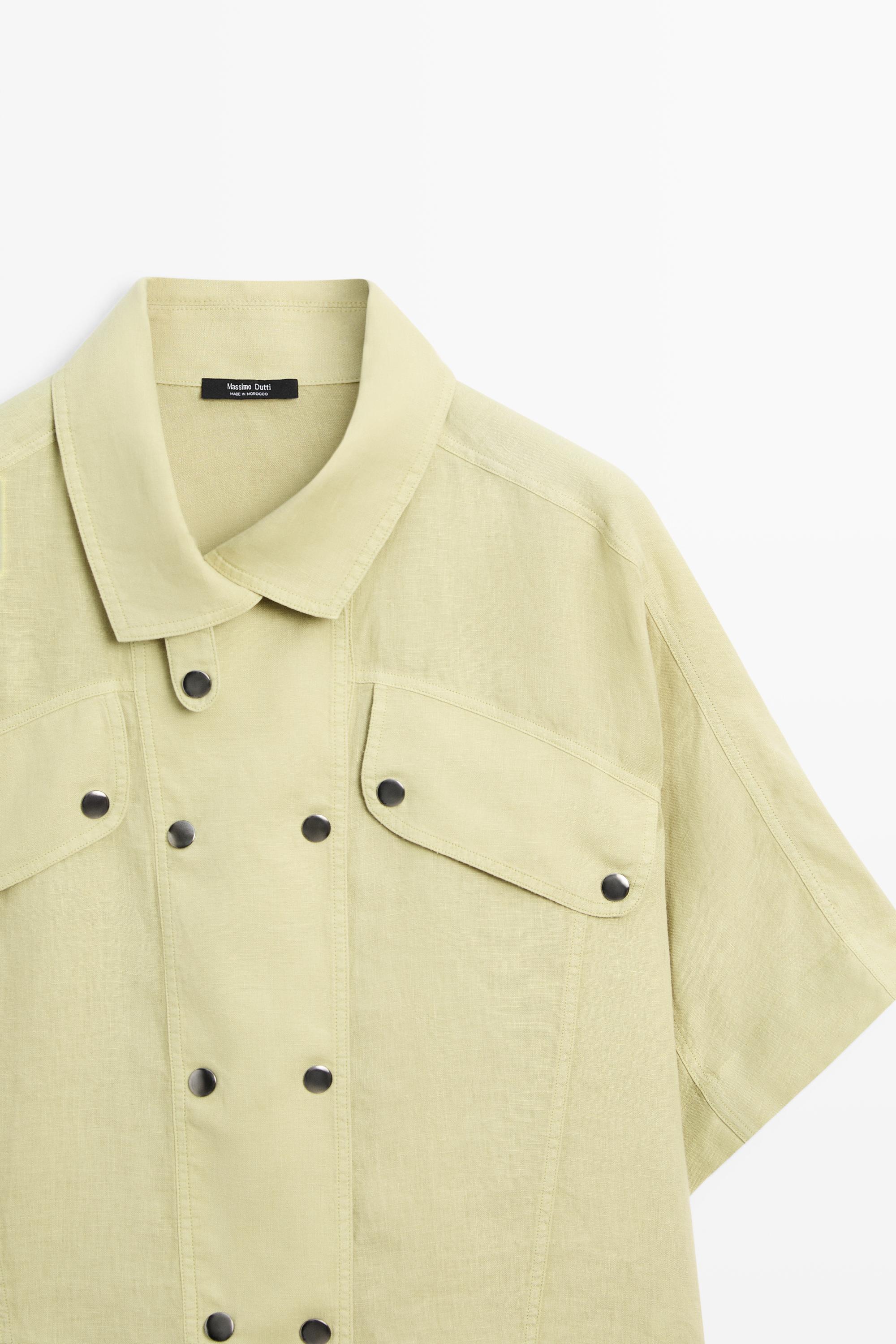 Short sleeve linen snap button shirt — LIME