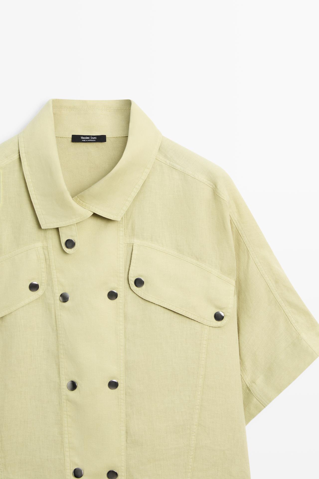 Short sleeve linen snap button shirt — LIME