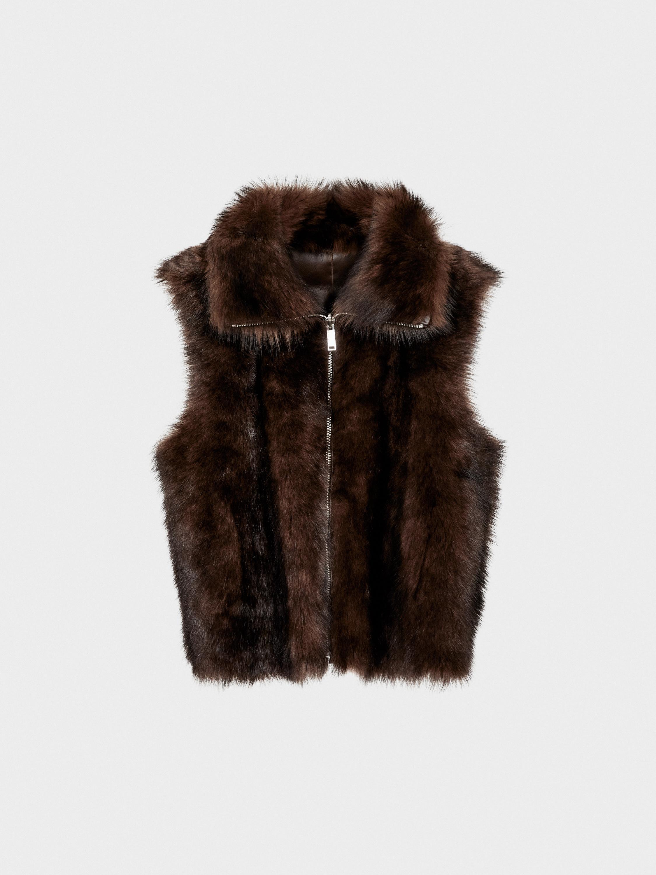 Leather high-neck waistcoat with fur — BROWN